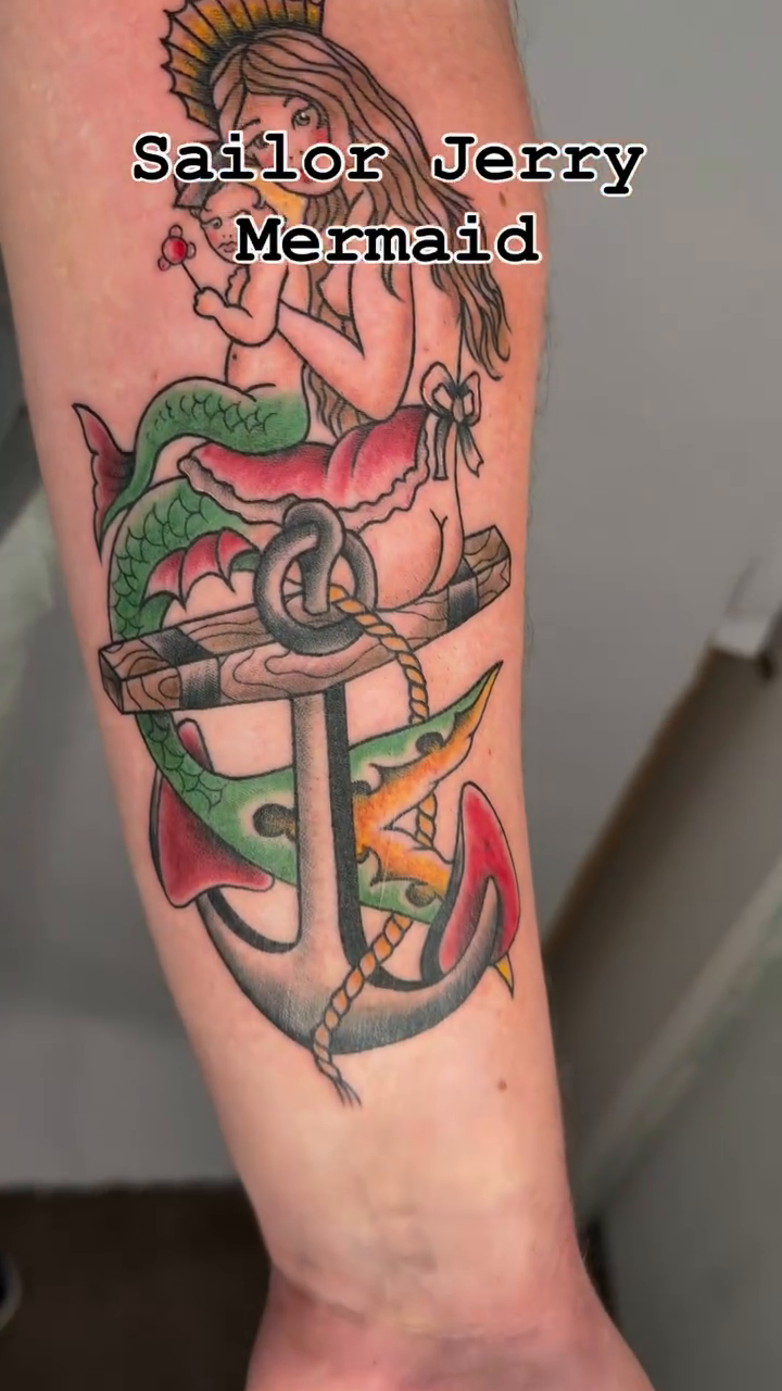 Sailor Jerry style mermaid with anchor neo-traditional tattoo on the forearm by Charlotte (Luna), Seattle, Washington