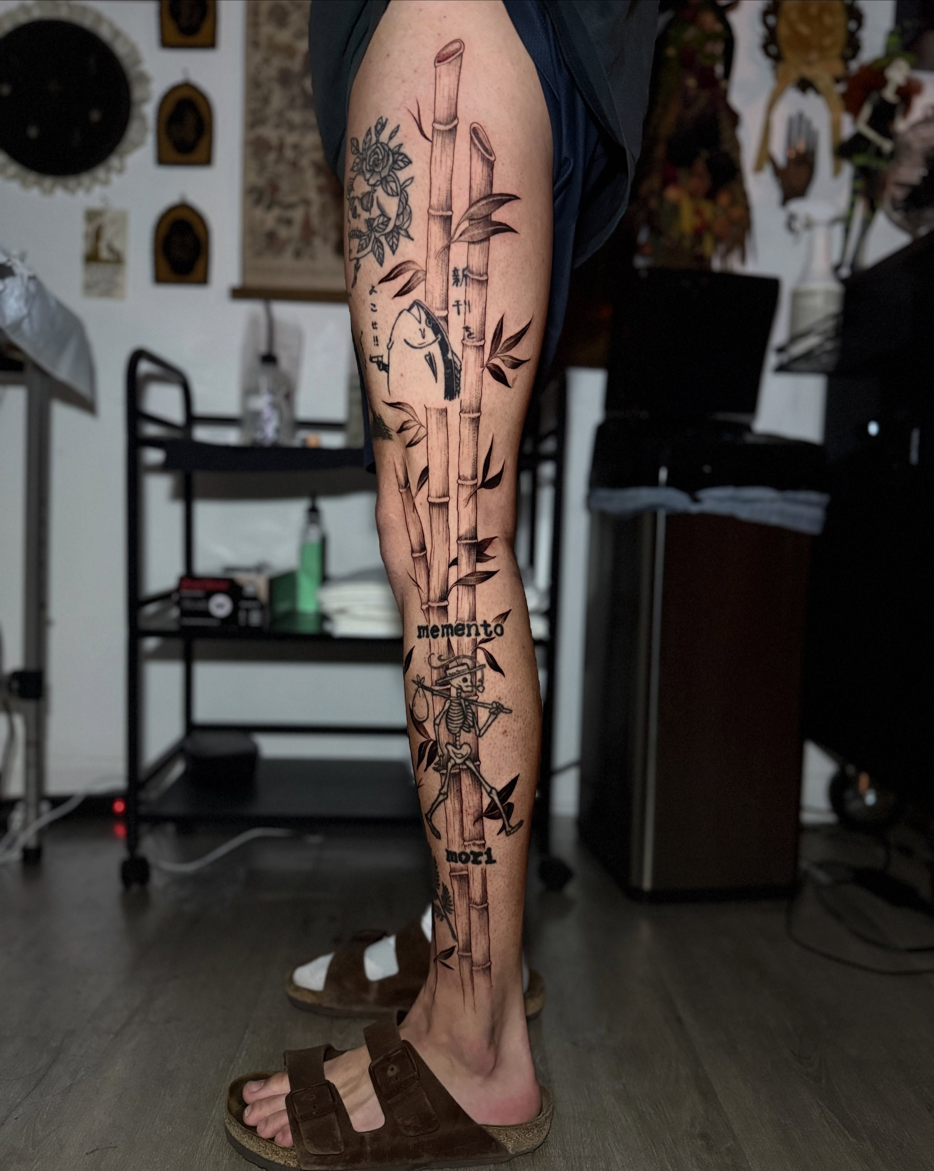 Bamboo and skeleton black and grey tattoo on the calf by † Aileen † Chicago Tattoo Artist