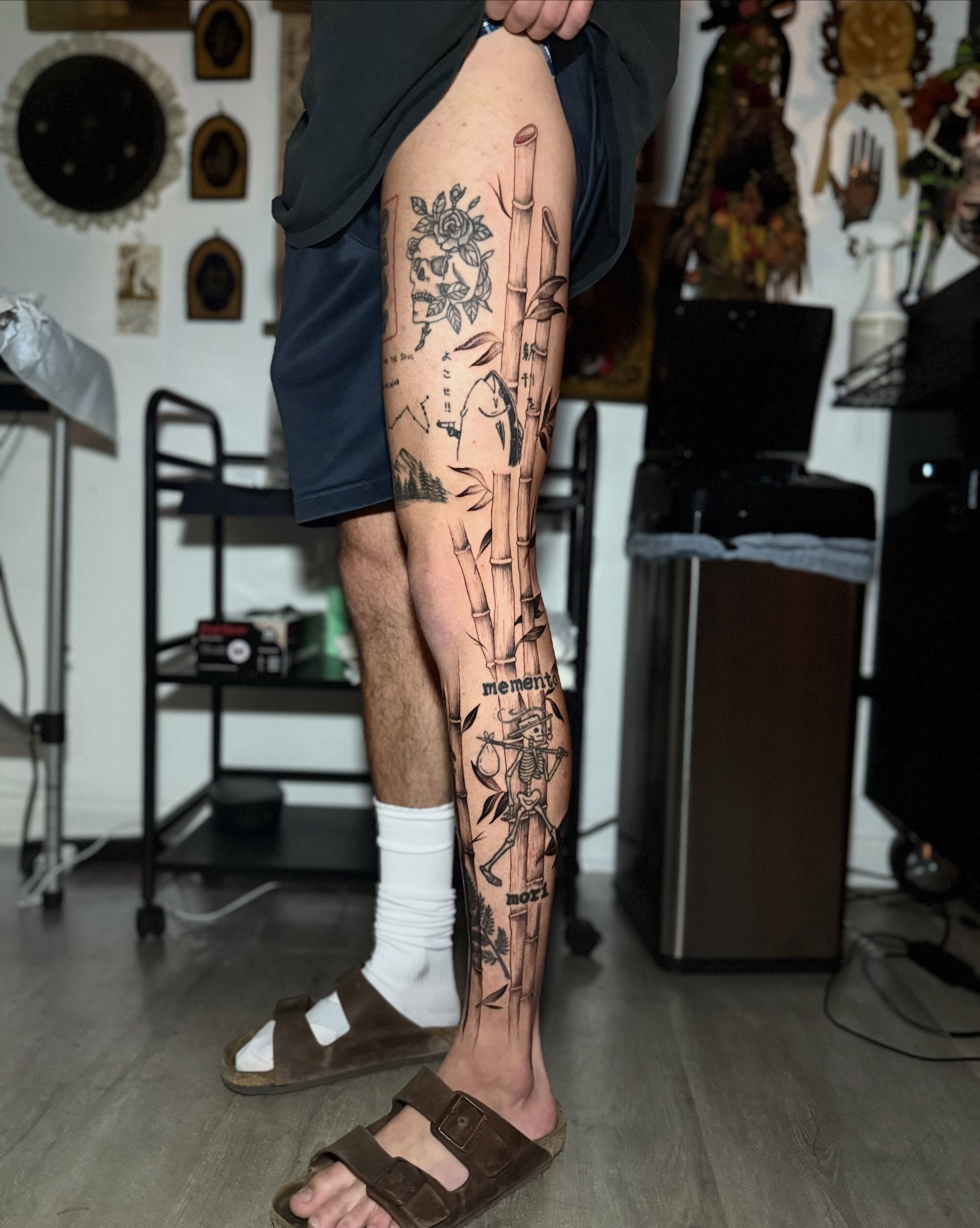 Bamboo and skull black and grey tattoo on the calf by † Aileen † Chicago Tattoo Artist