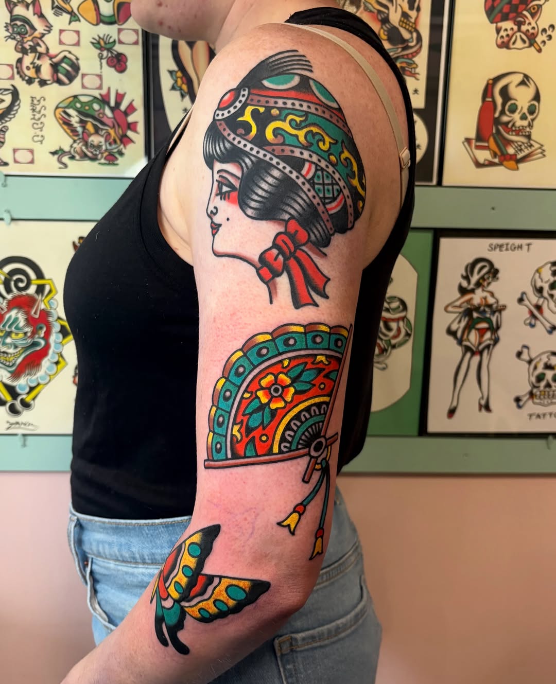 Woman with headdress American traditional tattoo on the forearm by Traditional Tattooing