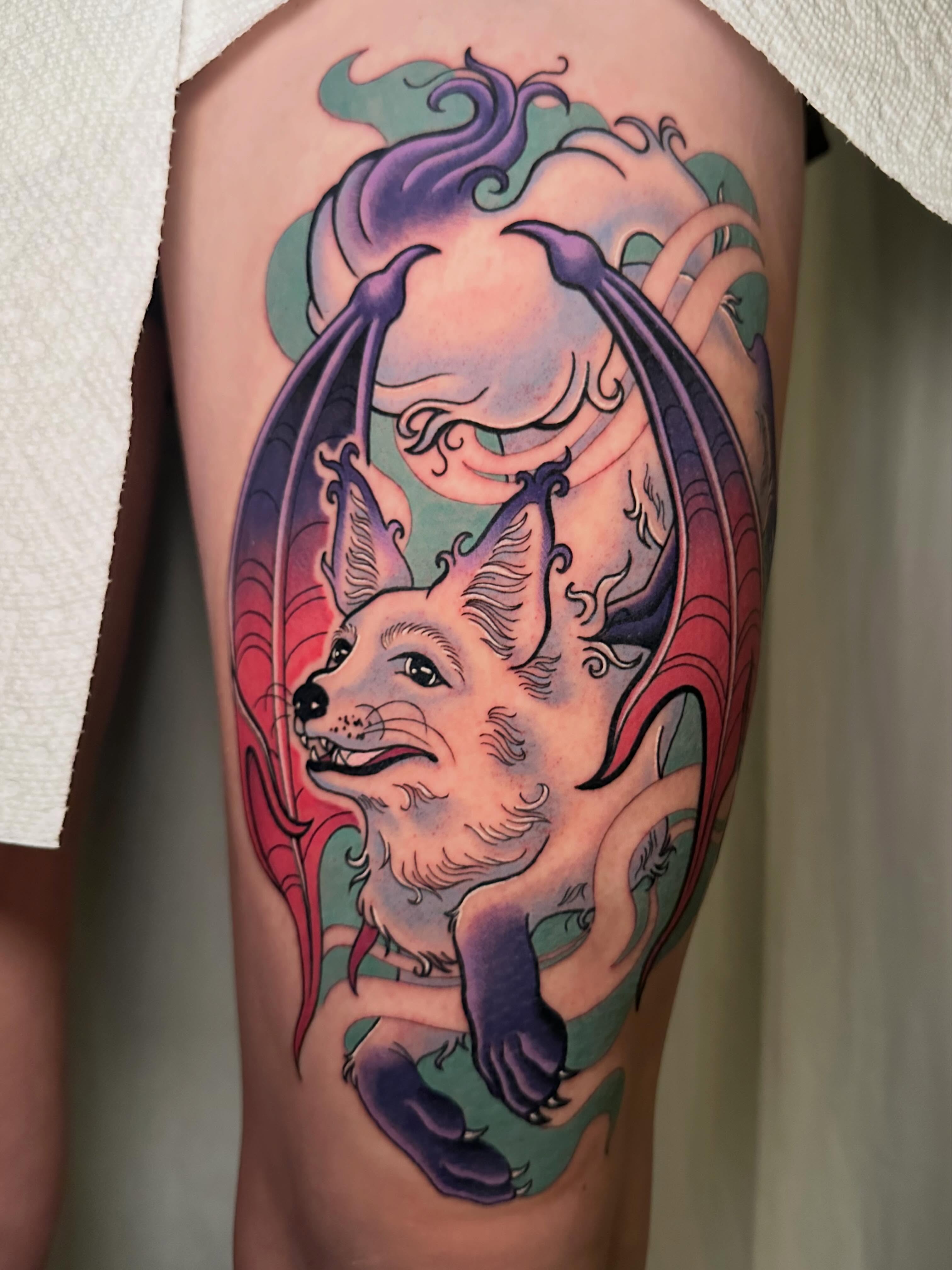 Fox American traditional tattoo on the thigh by 🌿 Vicky Stoner 🌿