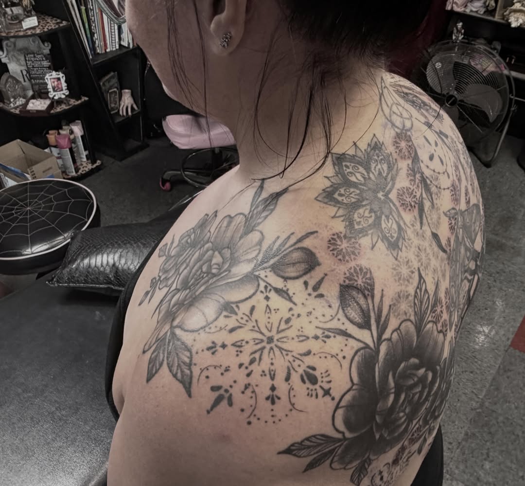 Tattoo by @rottenronnietattoos — black_and_grey
