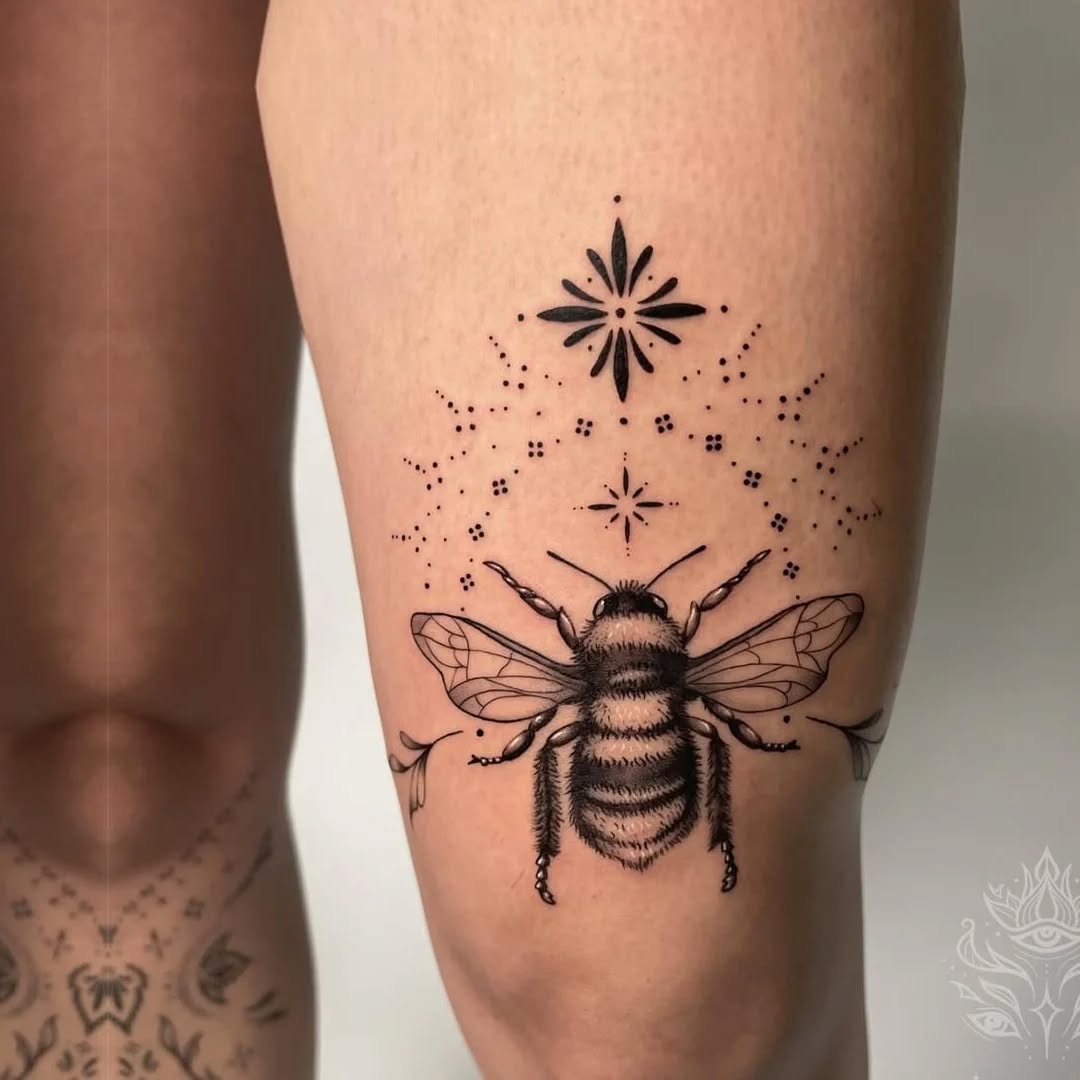 Bumblebee with stars fine line tattoo on the thigh by Donavon Batz