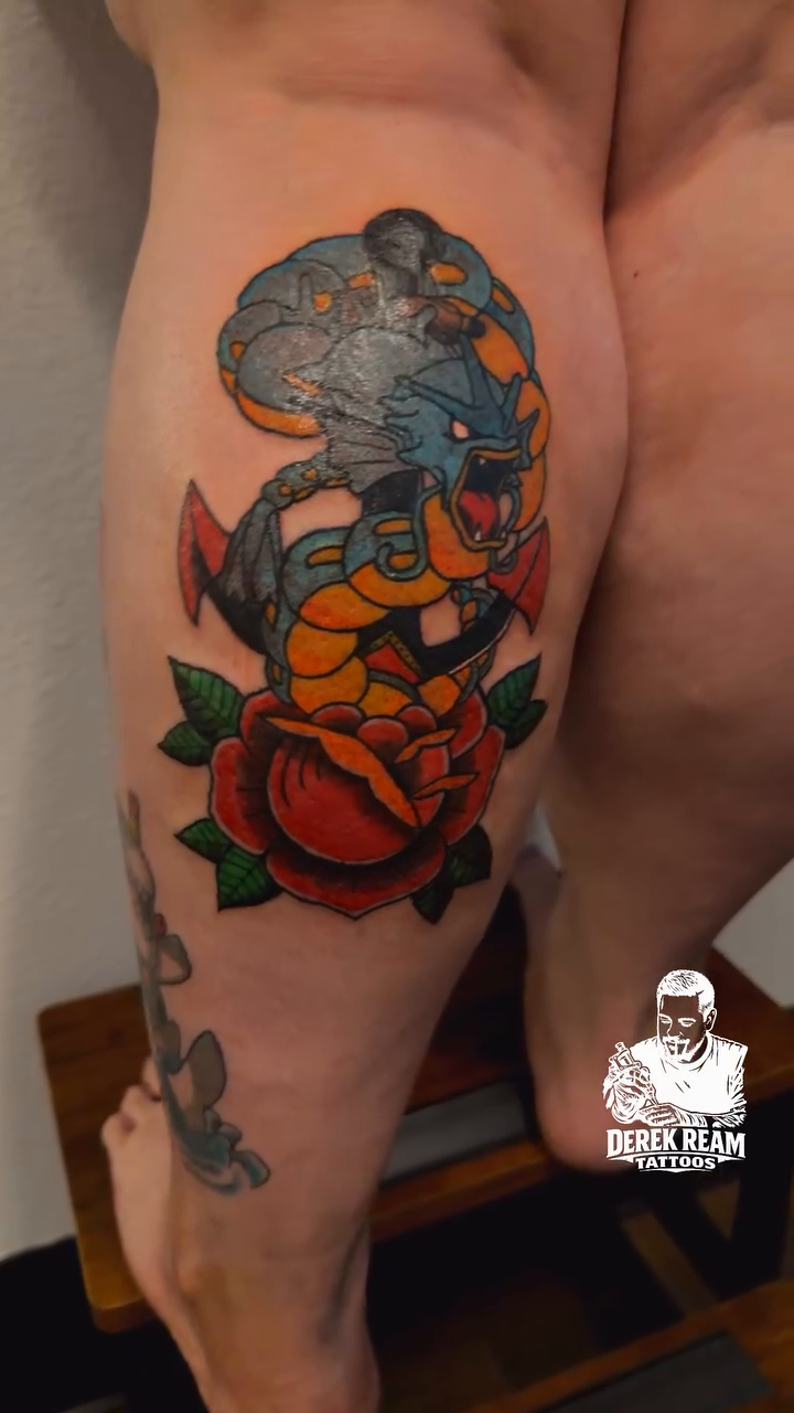 American traditional tattoo on the leg by Derek Ream