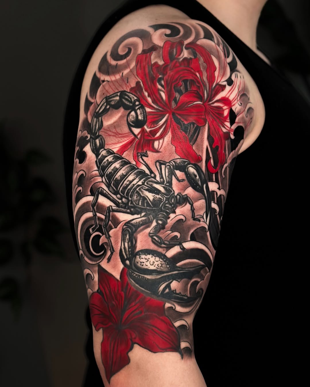Scorpion and red flowers Japanese tattoo on the forearm by Nathan, Charlotte, North Carolina