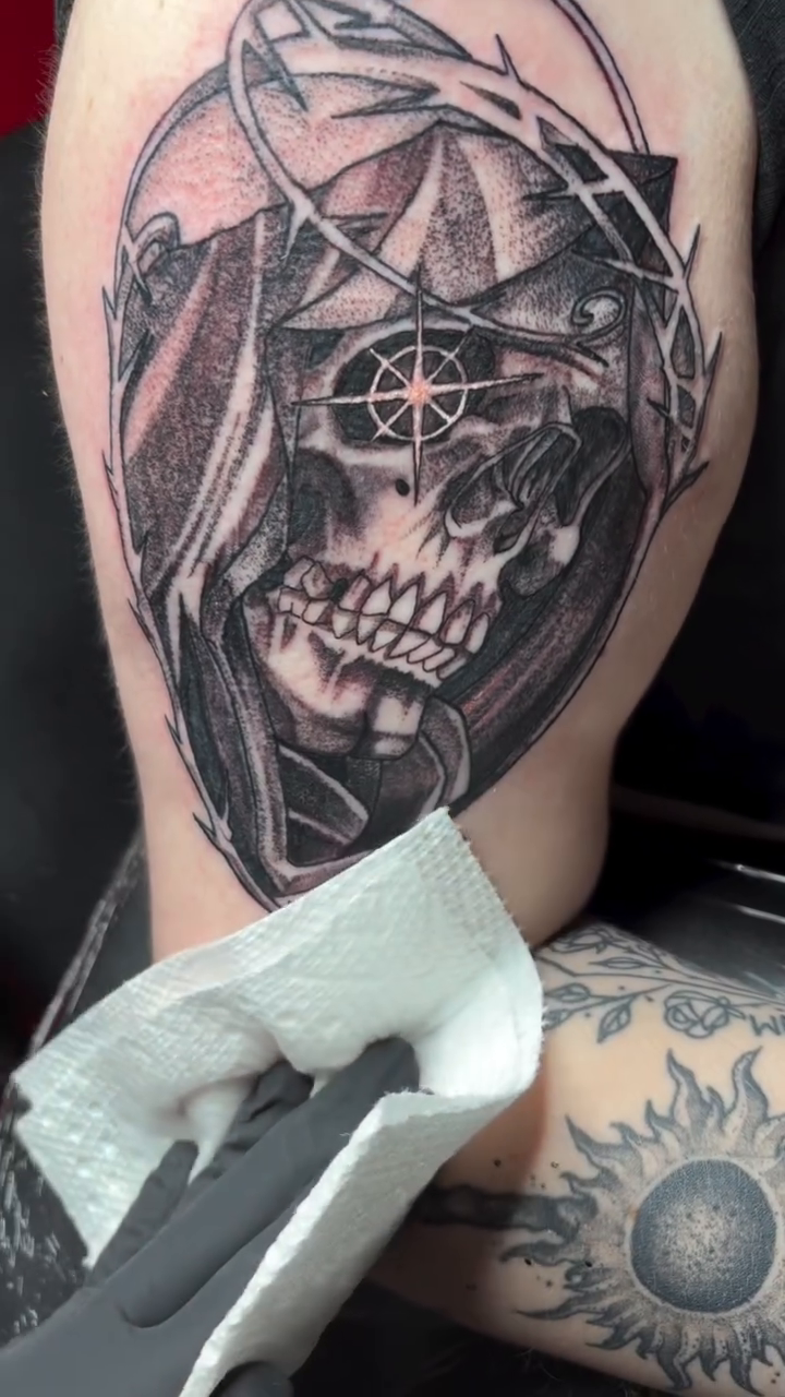 Tattoo by @calencopelandtattoo — dark_realism, black_and_grey