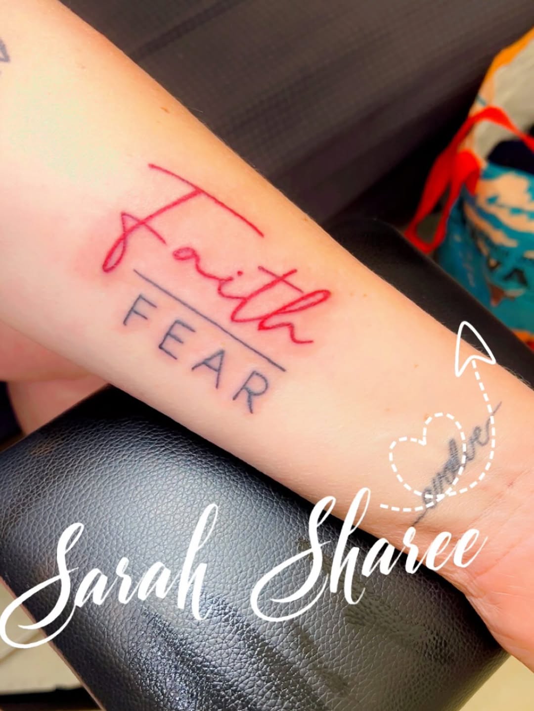 Faith over Fear lettering lettering tattoo on the forearm by Sarah Sharee💃🏽