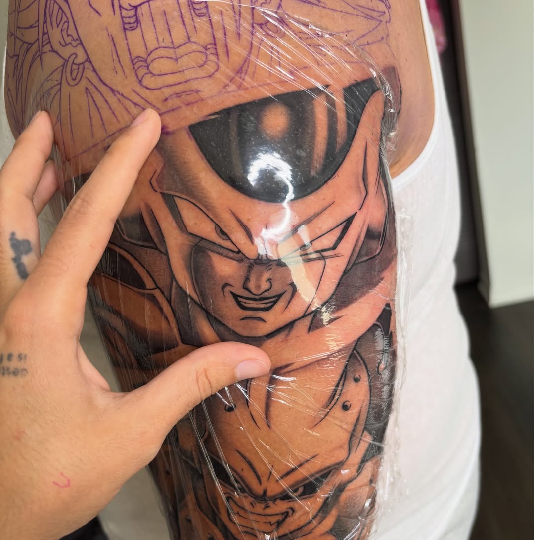 Goku anime tattoo on the thigh by Crooks Ink ✞