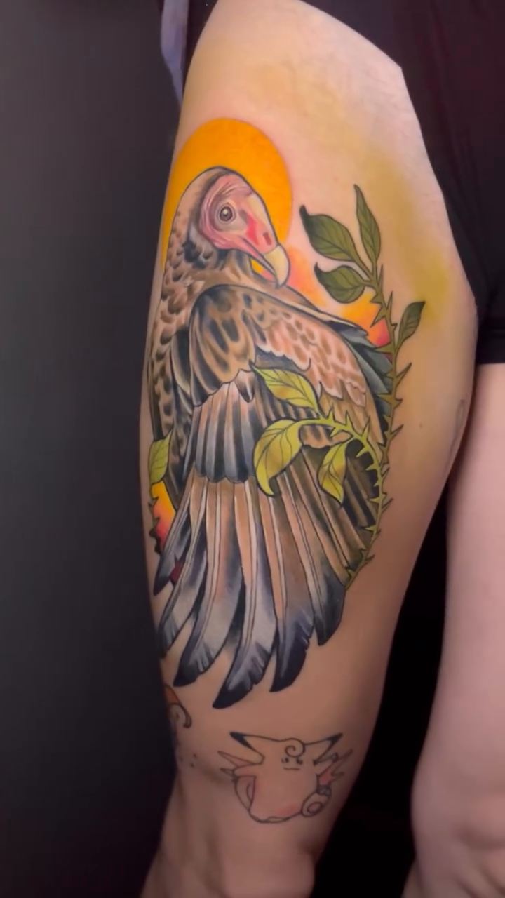 Vulture with fruit and sun neo-traditional tattoo on the upper arm by Megan Merrell (Butler)