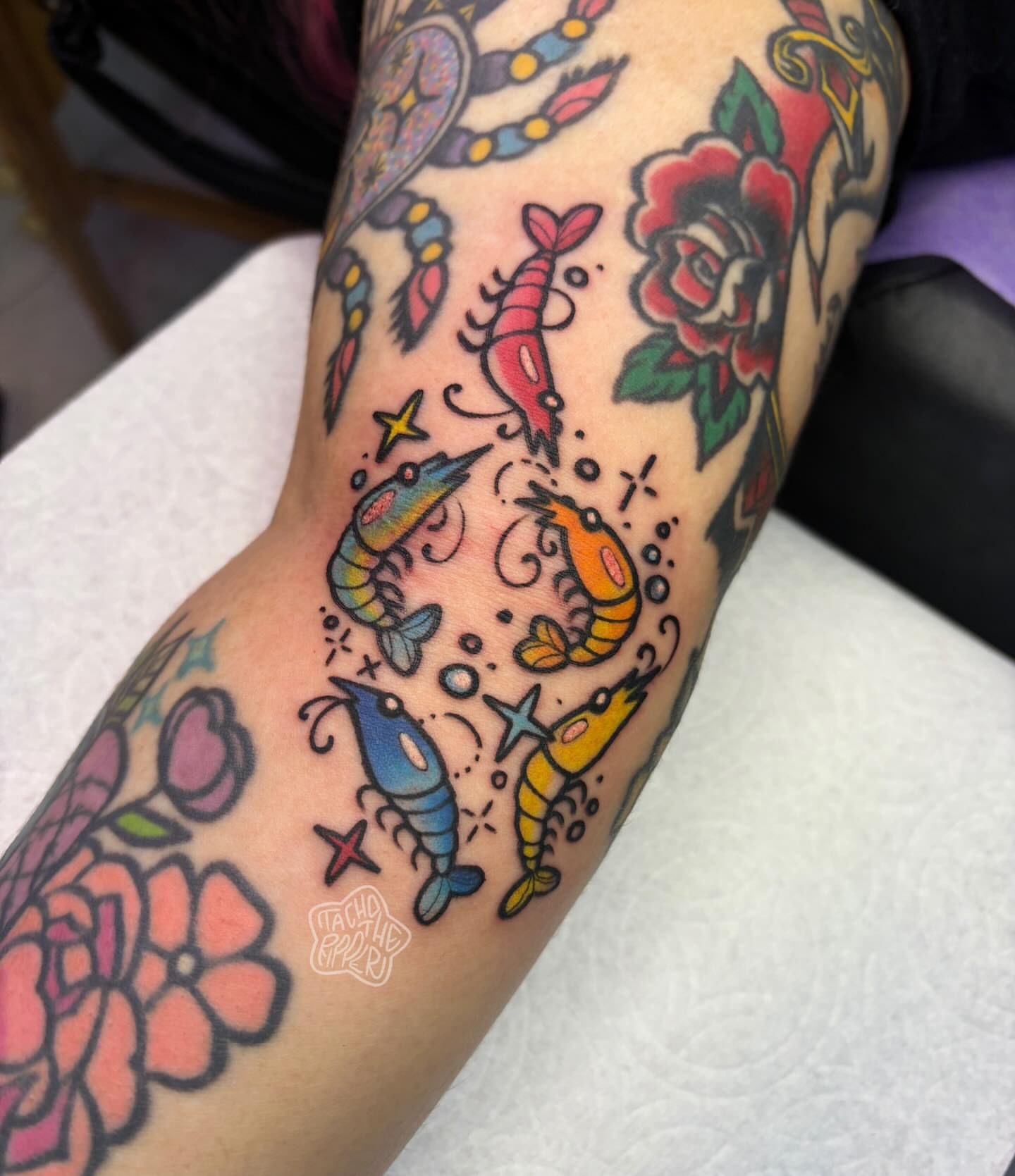 Shrimp and flowers American traditional tattoo on the forearm by tacho ☻ 張玉玲