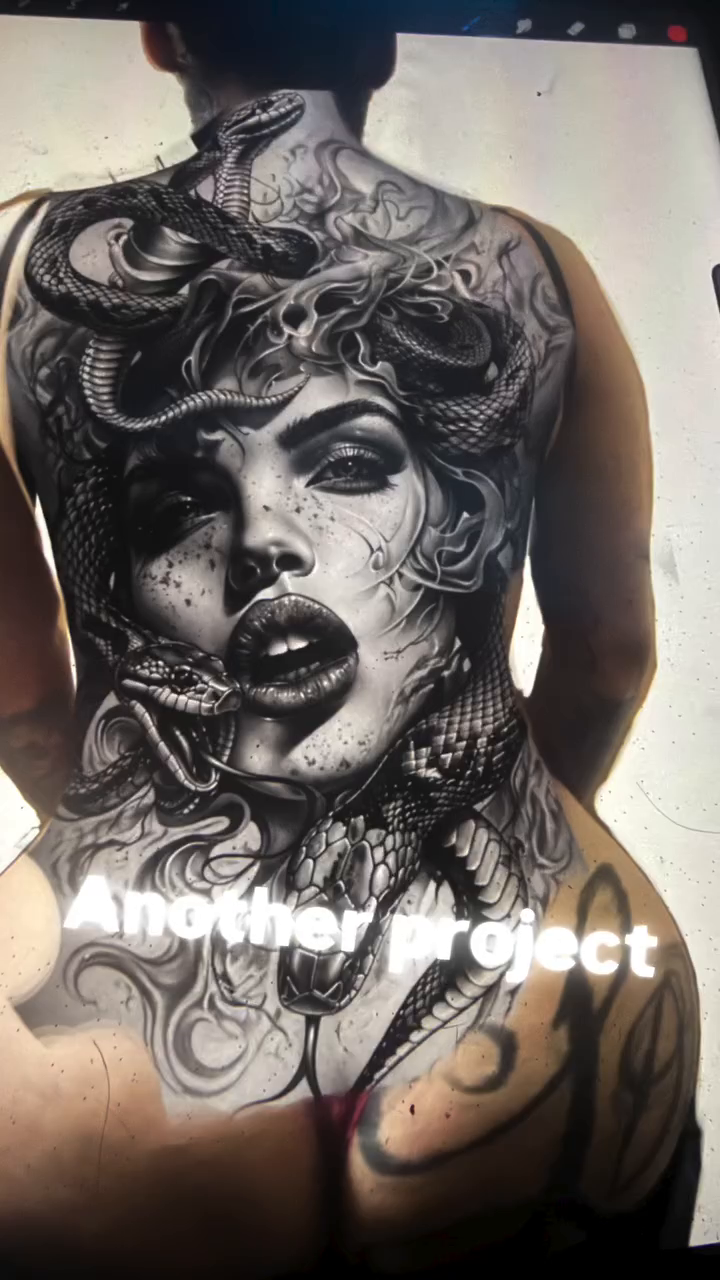 Medusa back piece realism tattoo on the back by Beto Tats, Round Rock, Texas