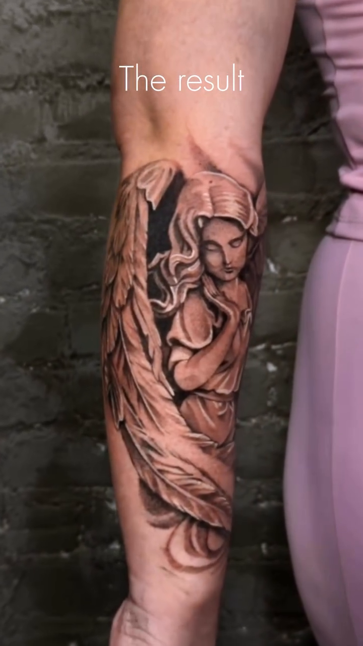 Angel and rose tattoo realism tattoo on the forearm by Nyc Tattoo Manhattan