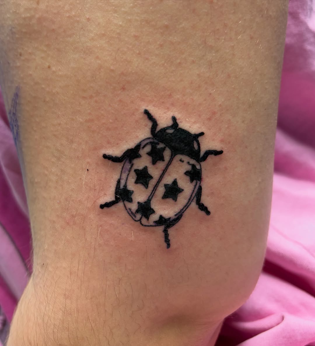 Ladybug with stars fine line tattoo on the forearm by Michelle