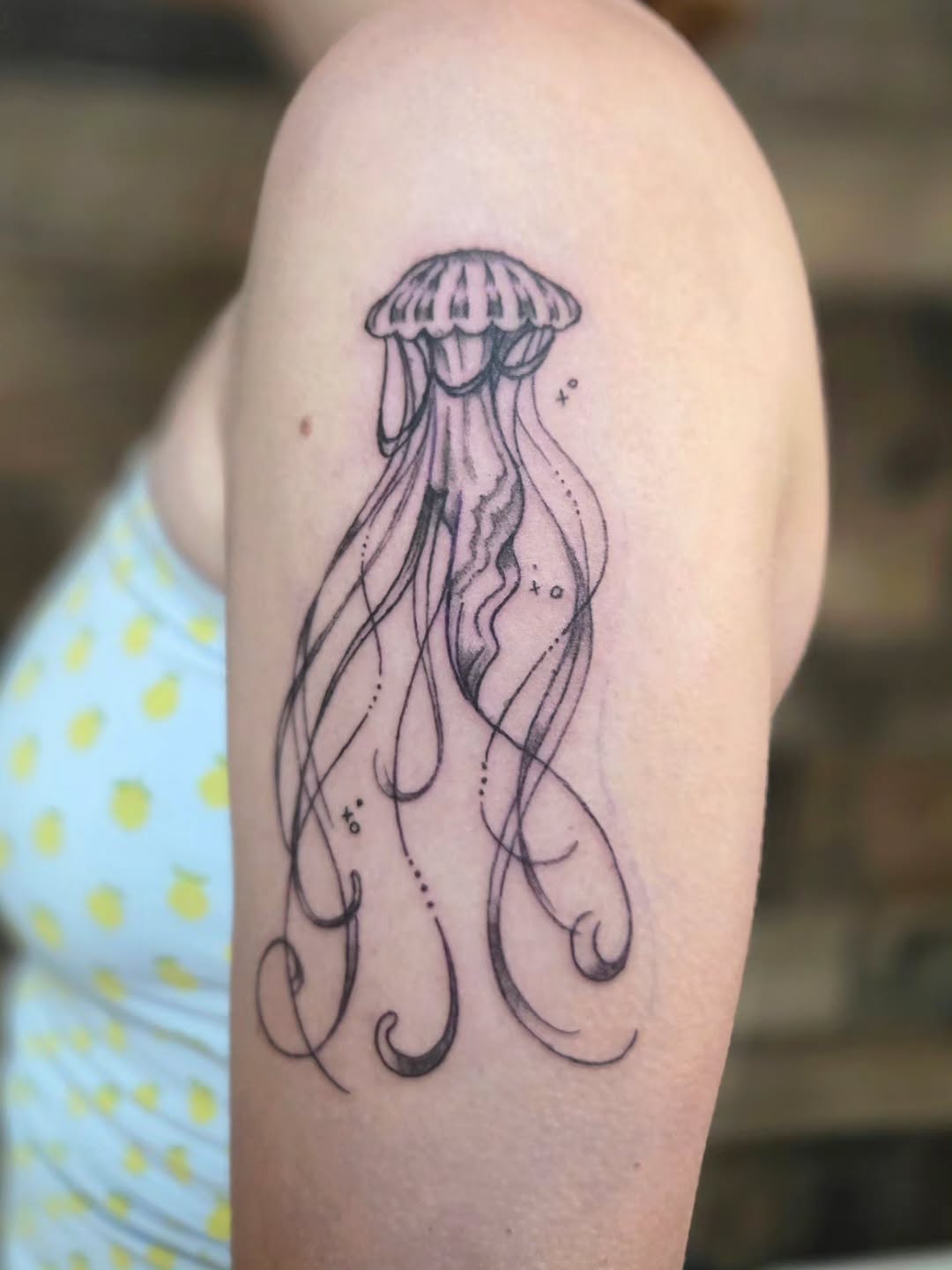 Jellyfish fine line tattoo on the forearm by Courtney, Lakewood, Ohio