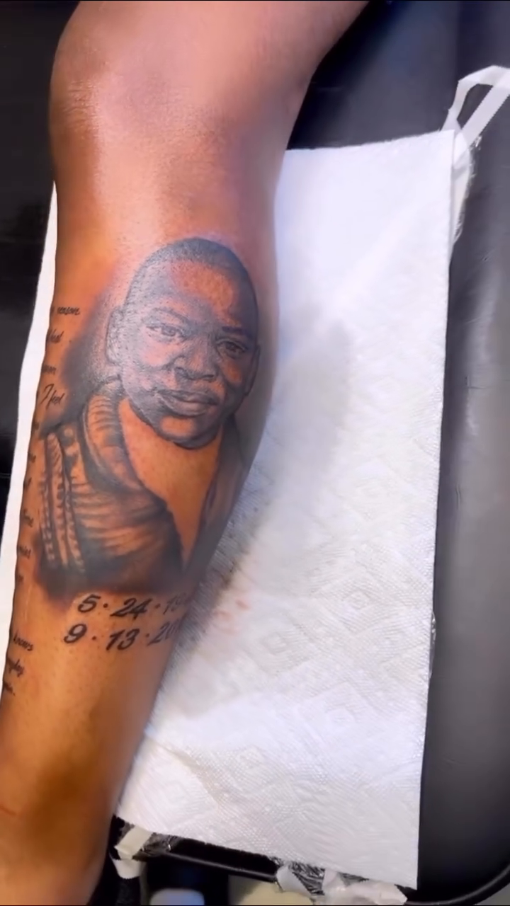 Portrait and script tattoo realism tattoo on the upper arm by Inkby_larry