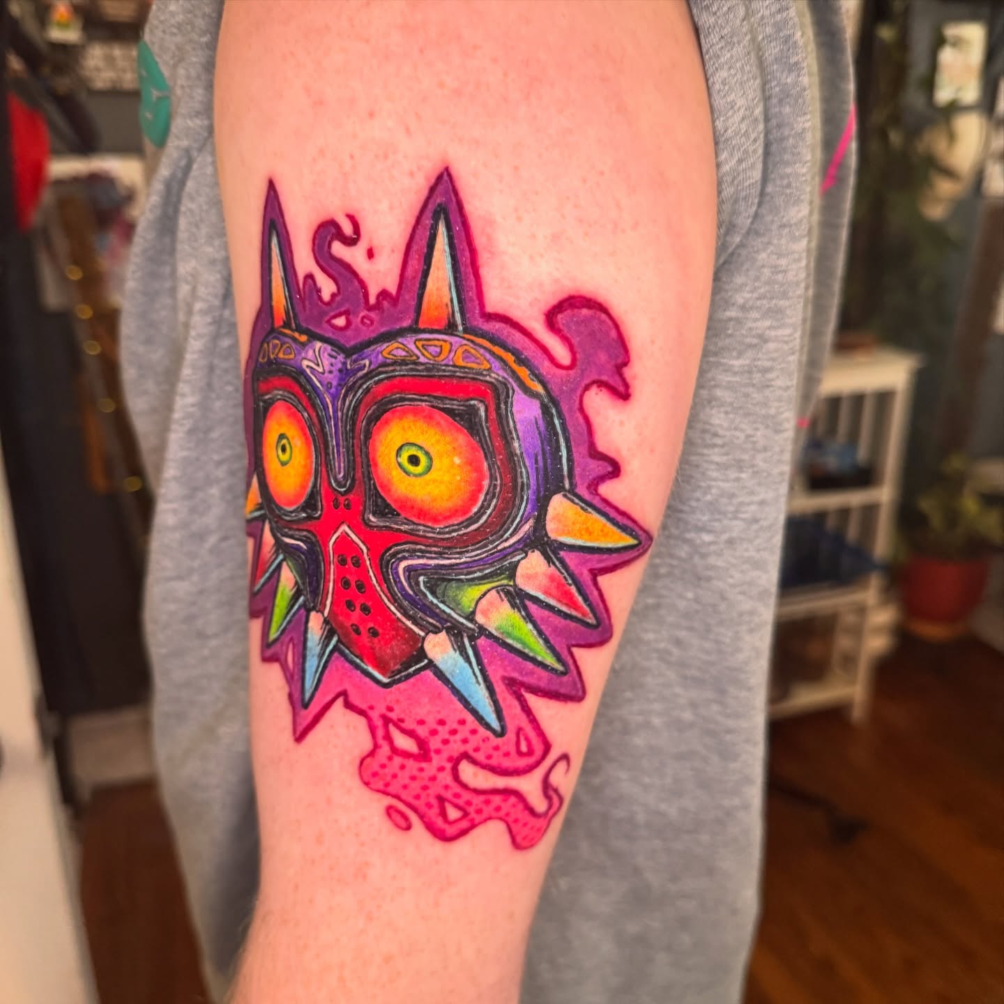 Majora's Mask dotwork tattoo on the forearm by Eric Burns - NoVA Tattoo Artist