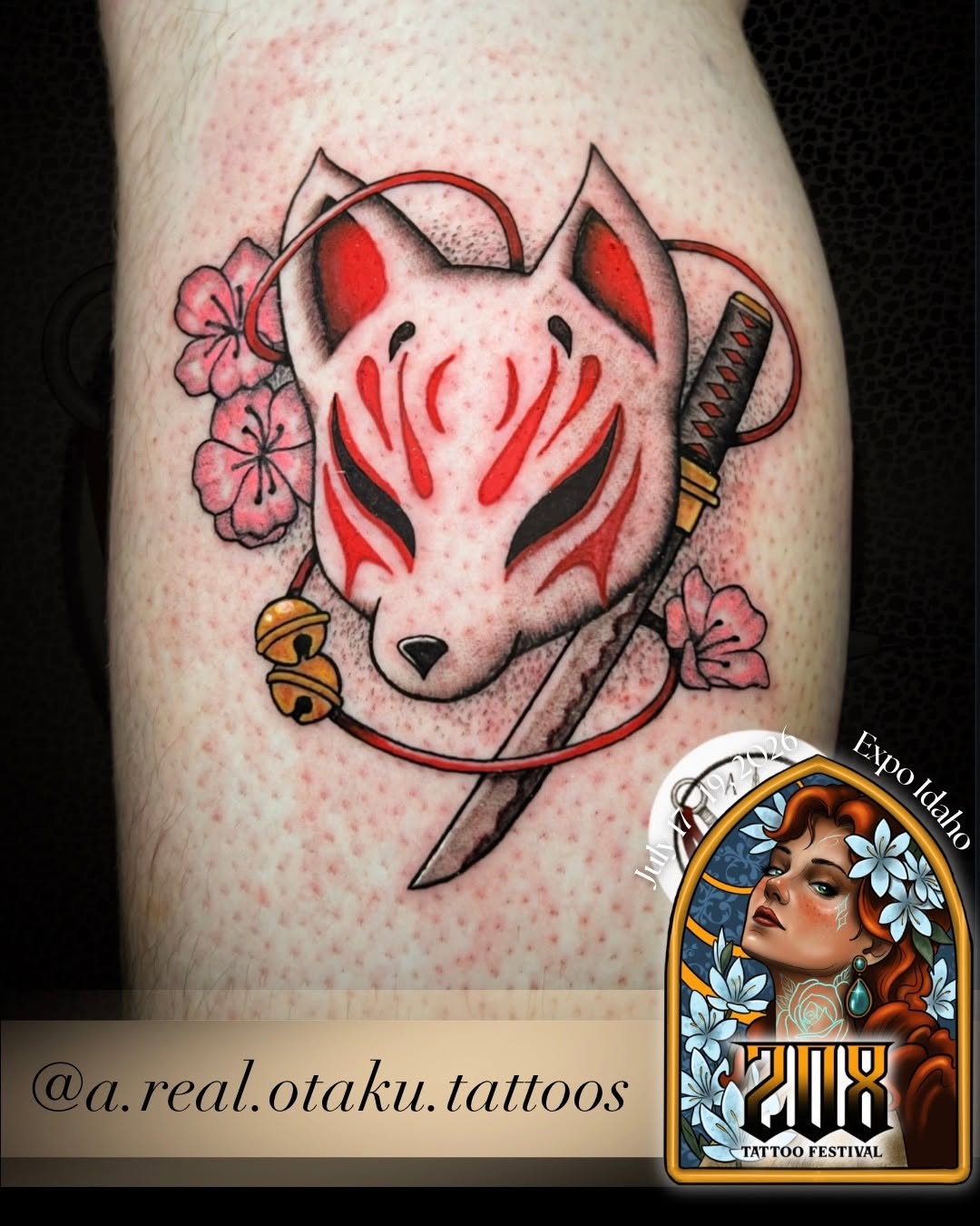 Kitsune mask with sword and flowers tattoo on the thigh by Aaron Strobehn