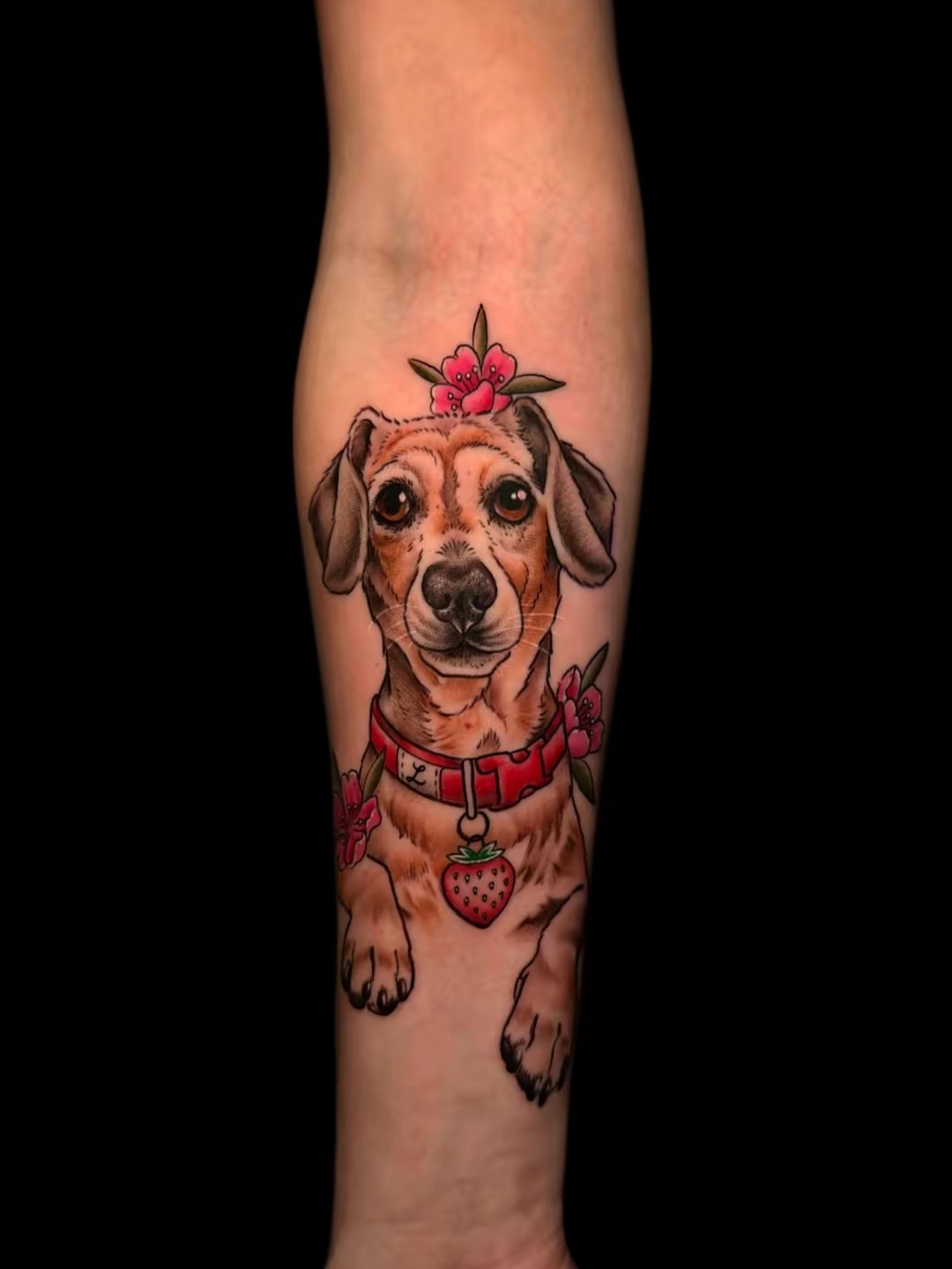 Dachshund with flowers realism tattoo on the forearm by Arizona Tattoo Artist, Phoenix, Arizona