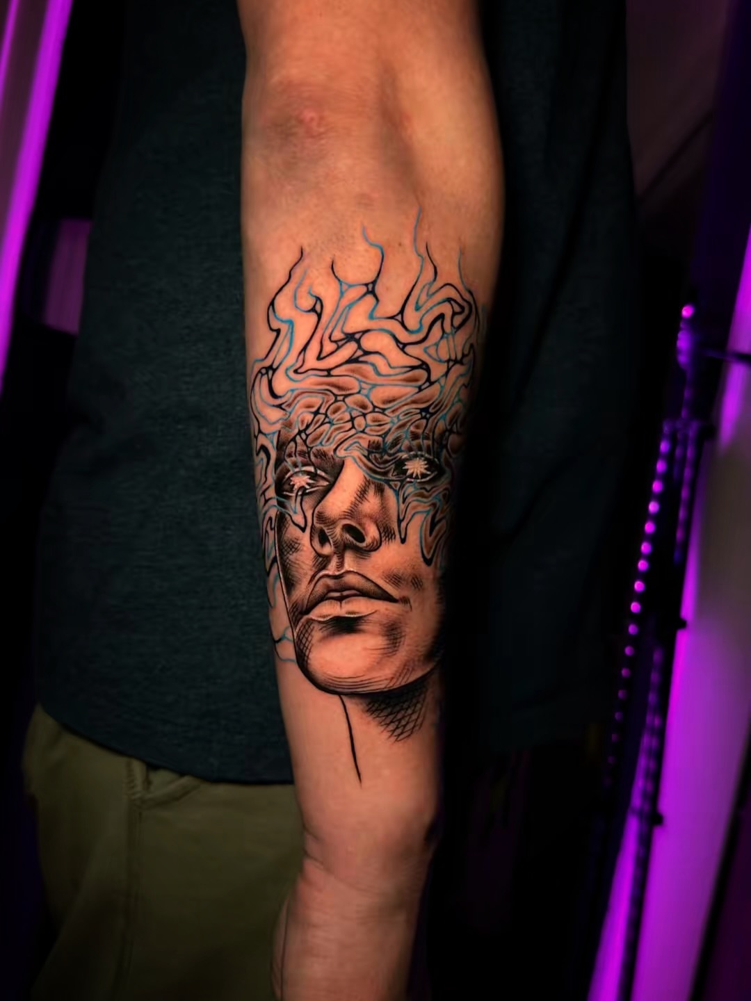 Man's face realism tattoo on the forearm by Arizona Tattoo Artist, Phoenix, Arizona