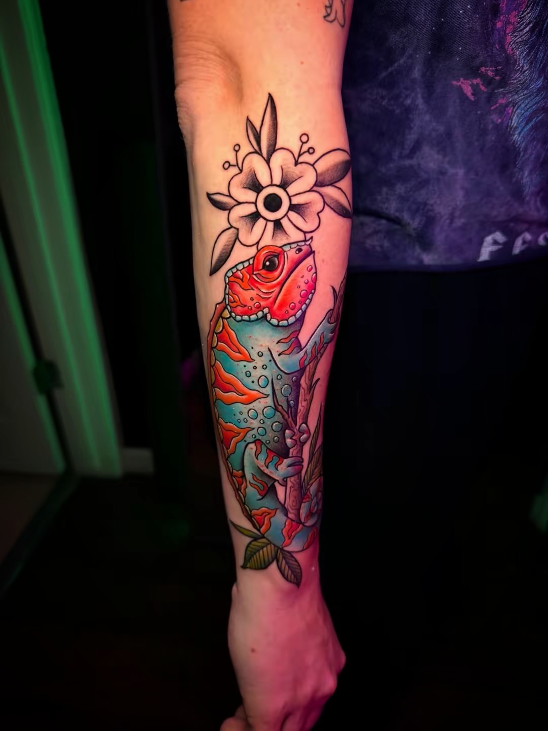 Lizard and flower new school tattoo on the forearm by Arizona Tattoo Artist, Phoenix, Arizona