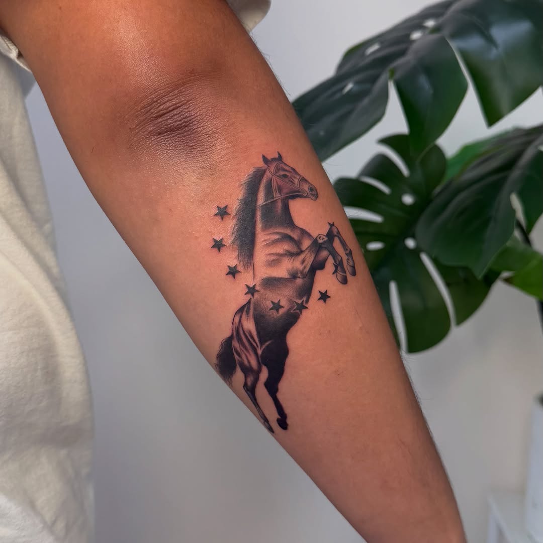 Horse and stars minimalist tattoo on the forearm by David