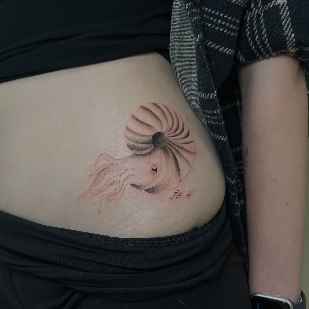 Nautilus shell and tentacles sketch tattoo on the ribs by David