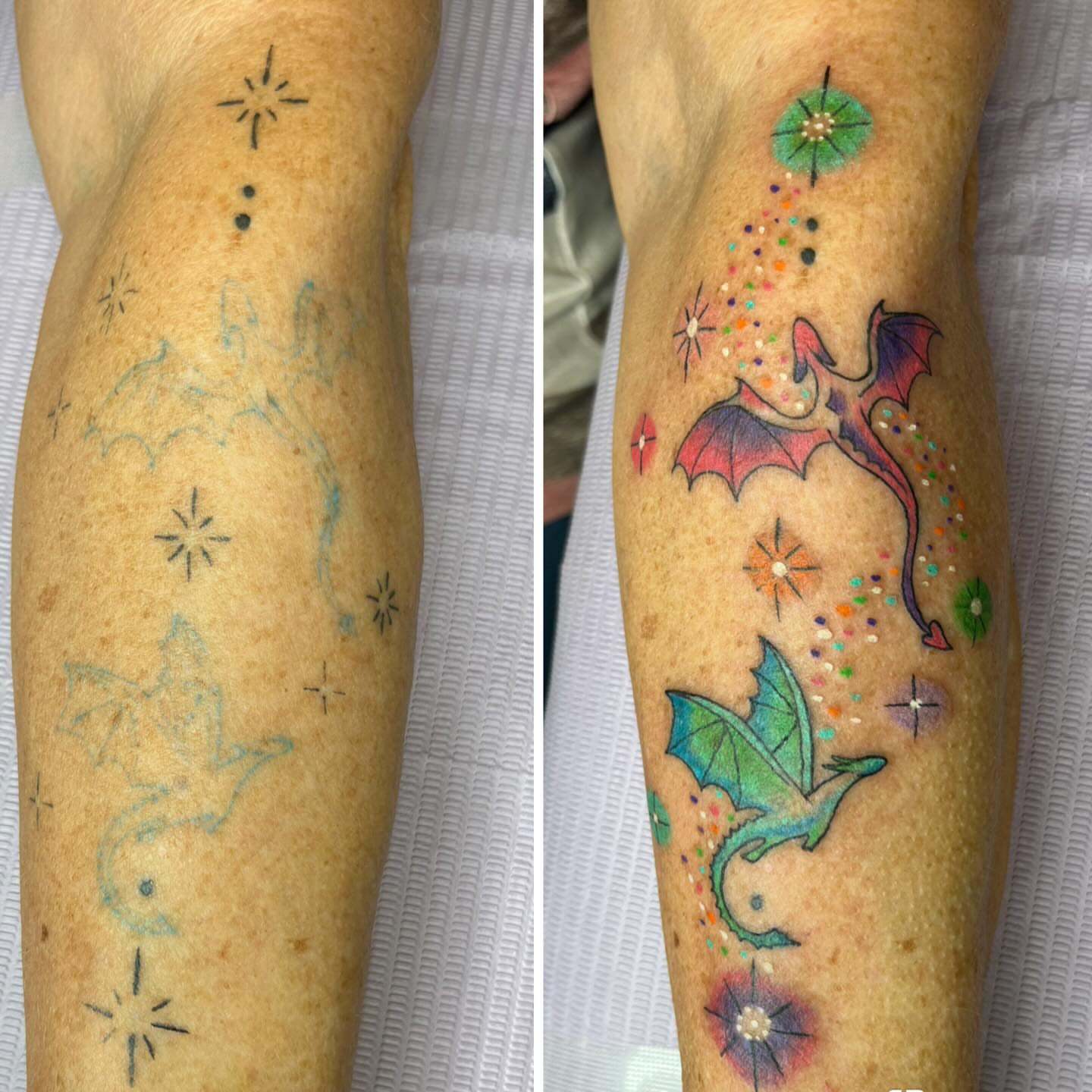 Dragon and stars dotwork tattoo on the forearm by Ash Wheeler