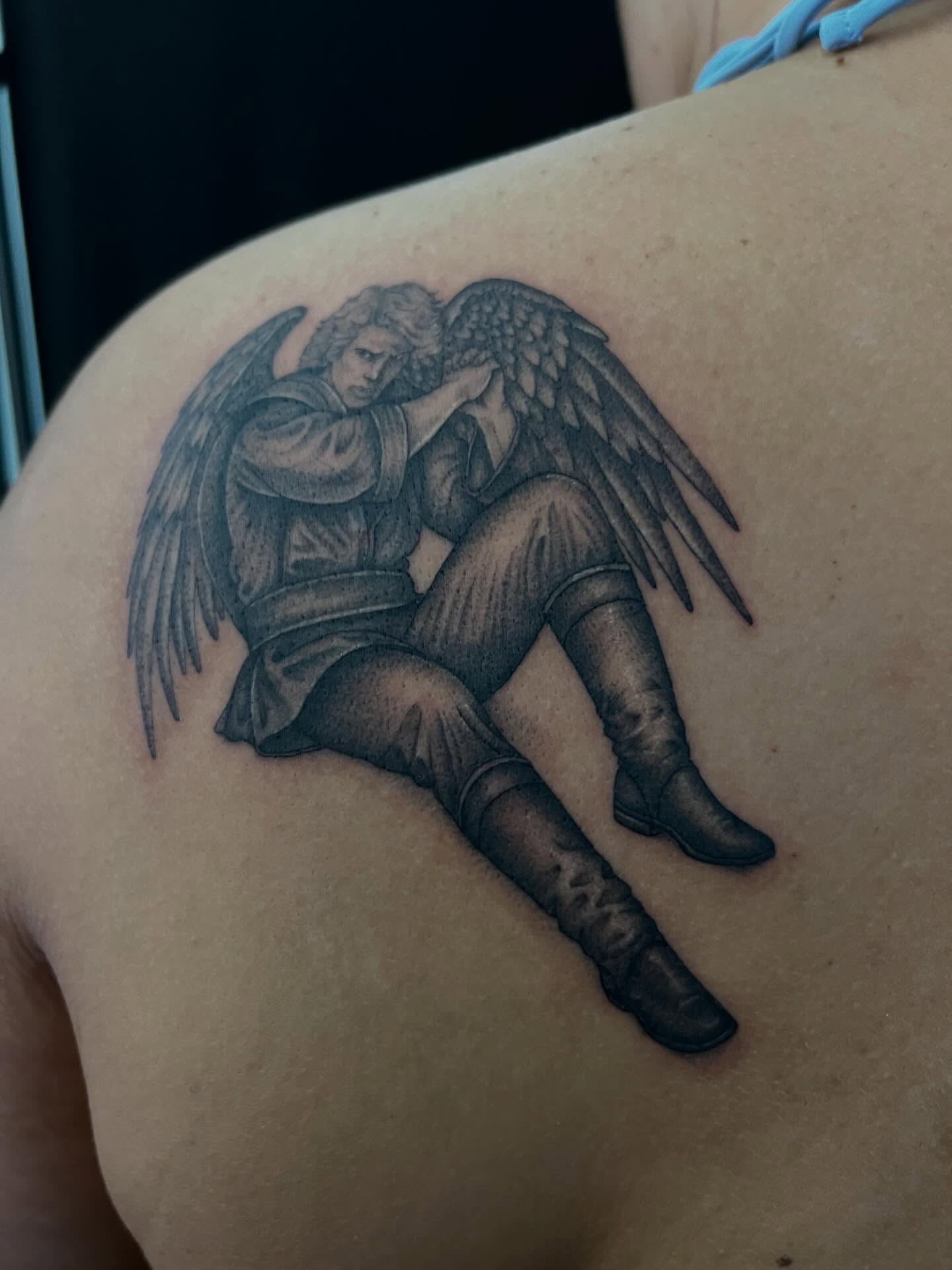 Angel black and grey tattoo on the shoulder by Iraymi Beltran