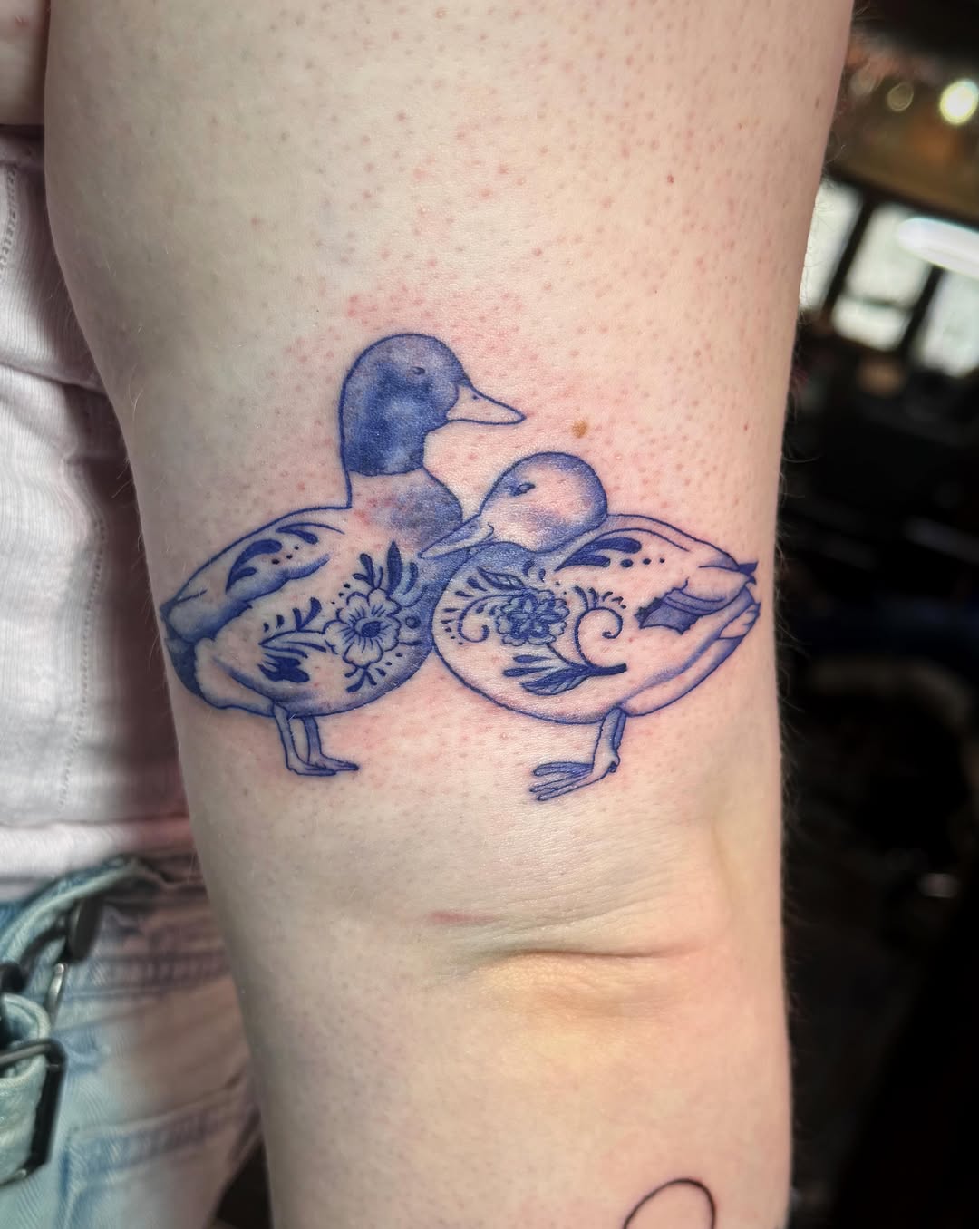 Two ornamental ducks fine line tattoo on the forearm by Luna Enriquez⚡️, Portland, Oregon