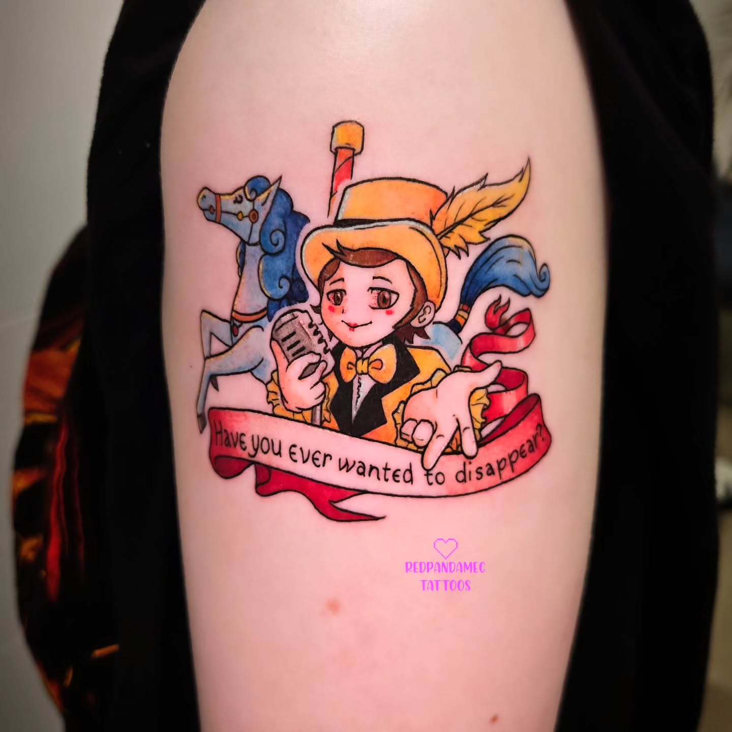 Carousel performer illustrative tattoo on the forearm by Meghan Hounsell