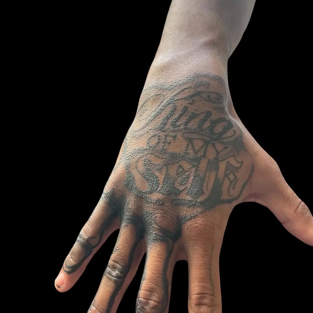 King of My Self lettering lettering tattoo on the hand by Hood