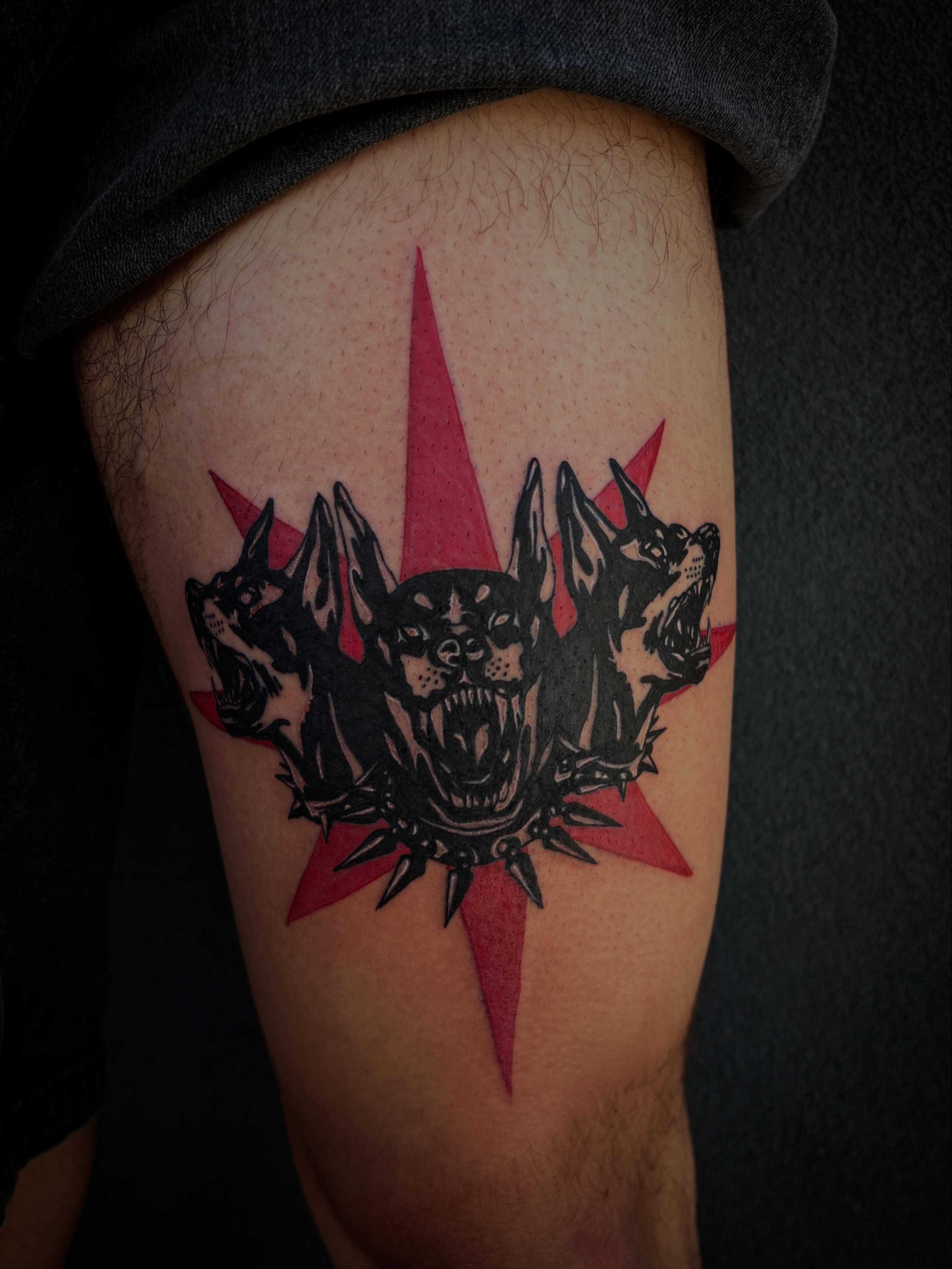 Three dogs black and grey tattoo on the thigh by Tattoo Artist Lilliann:)