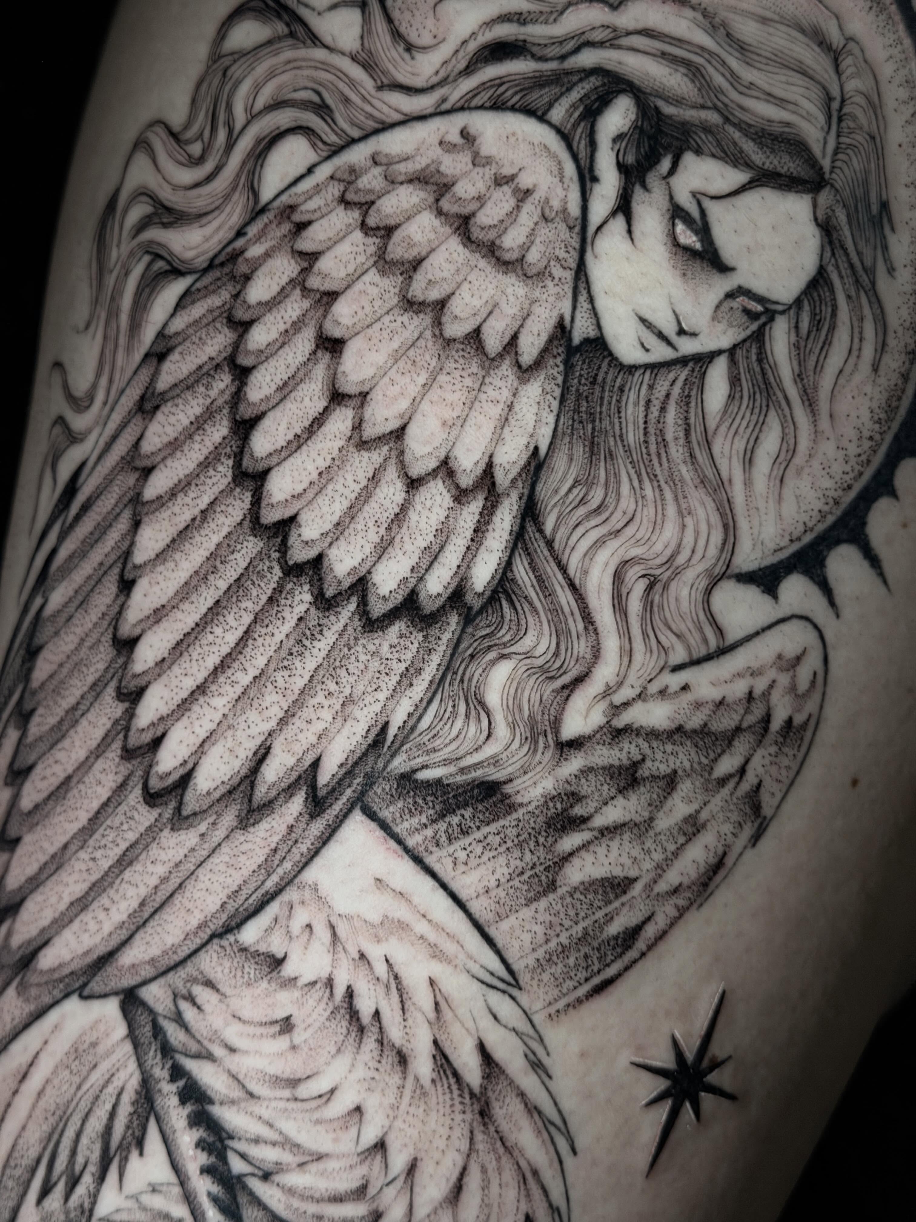 Tattoo by @whitehorsetattooing — dotwork, black_and_grey