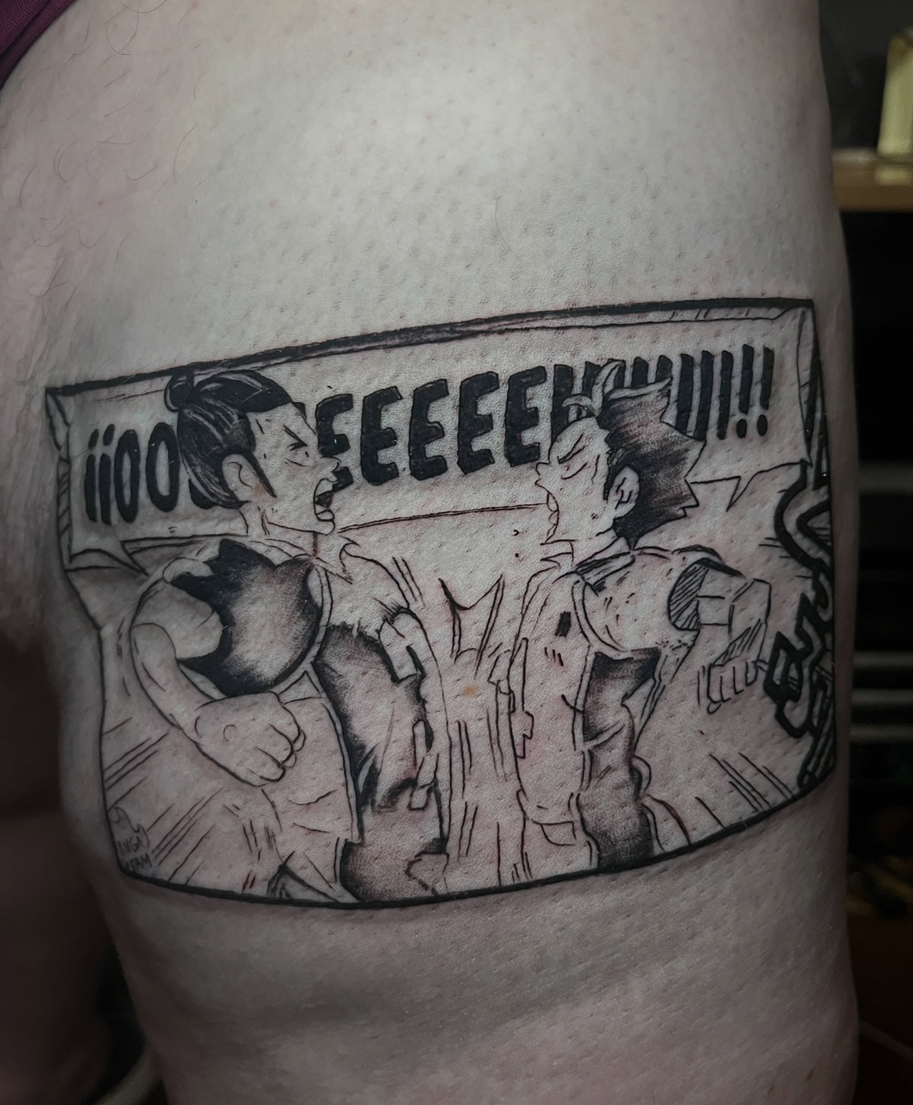 Comic panel black and grey tattoo on the thigh by SJ