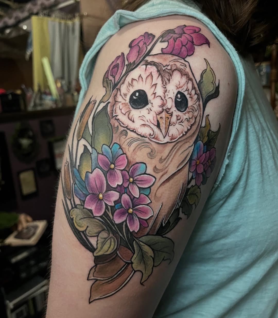 Owl with flowers realism tattoo on the shoulder by SJ