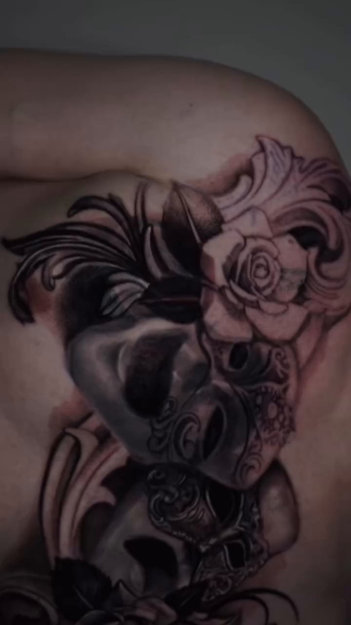Stacked skulls with roses realism tattoo on the shoulder by Sabrina Lakhaysy, Fort Worth, Texas
