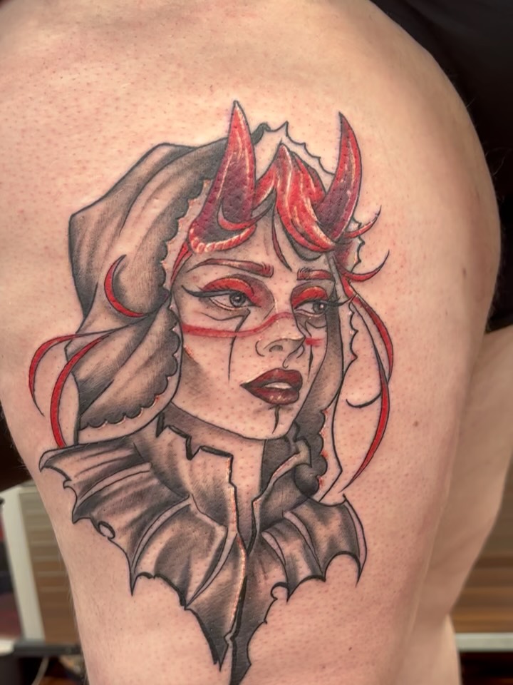 Demon girl portrait neo-traditional tattoo on the shoulder by Sam Hearnen, Lawrence, Kansas