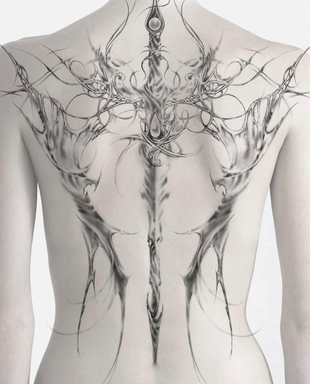 Abstract spinal design cyber sigilism tattoo on the back by Seattle Cybersigilism Tattoo Horror