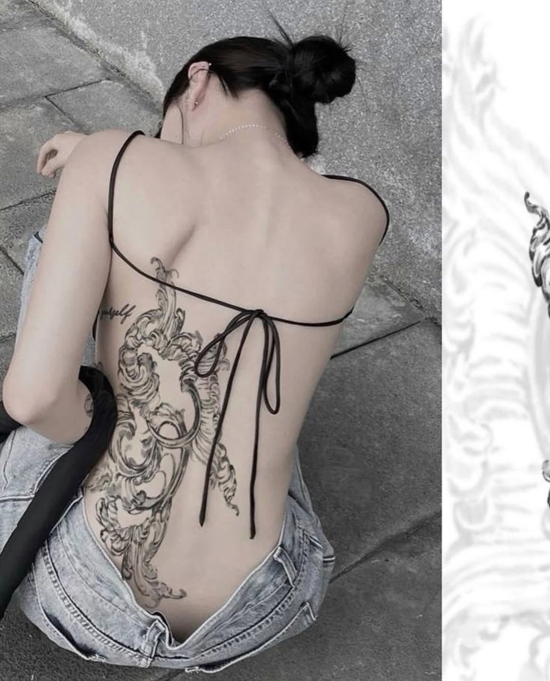 Ornamental scrollwork cyber sigilism tattoo on the back by Seattle Cybersigilism Tattoo Horror
