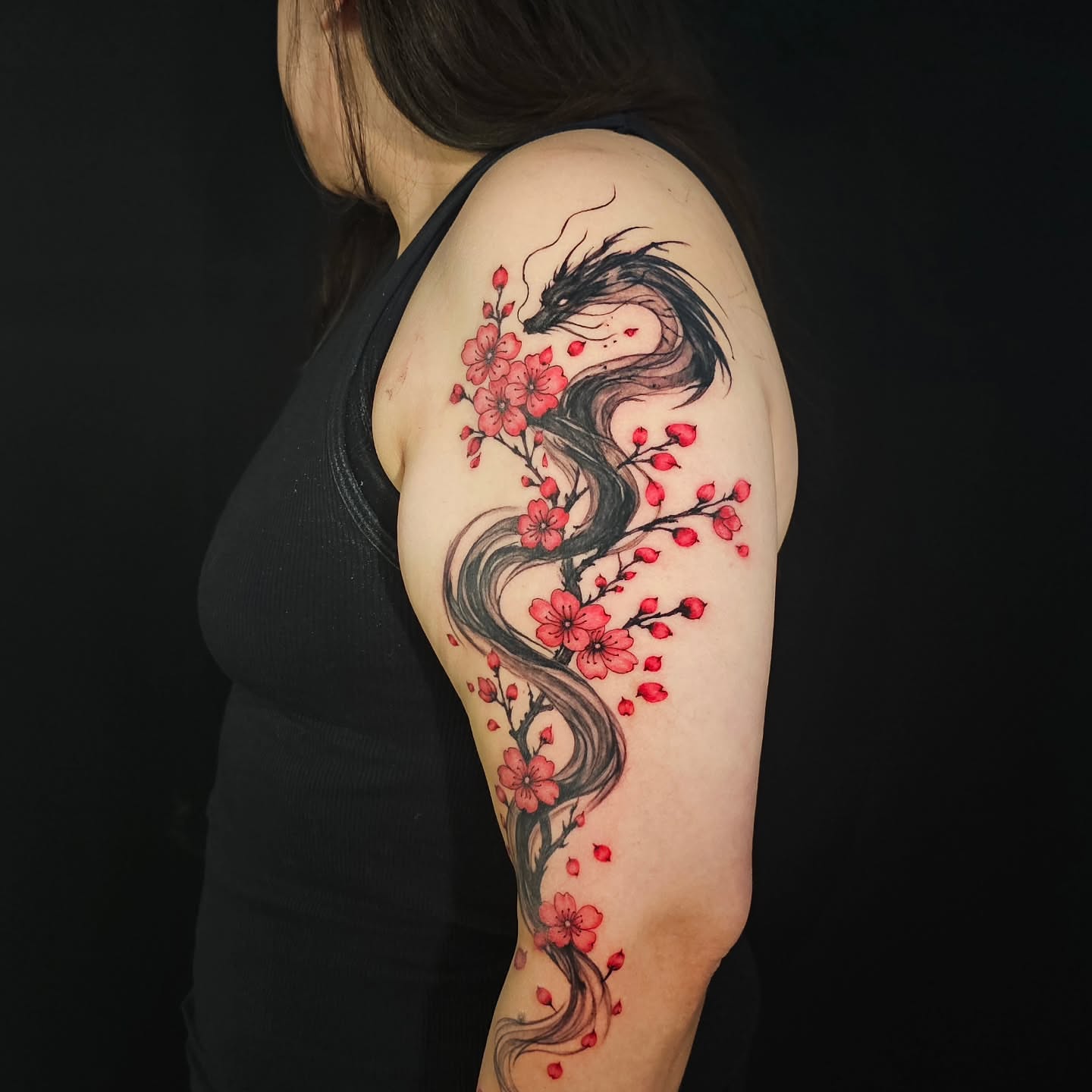 Cherry blossom dragon japanese irezumi tattoo on the shoulder by Lili Gu