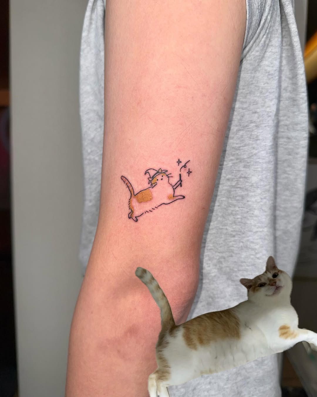 Cat with witch hat realism tattoo on the forearm by 림구타투