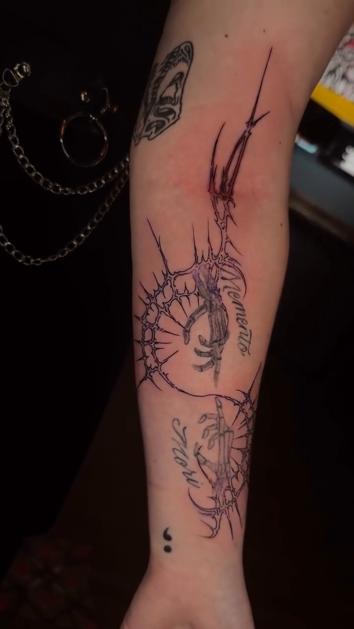 Spiderweb with script and abstract elements cyber sigilism tattoo on the forearm by Seattle Cybersigilism Tattoo Horror