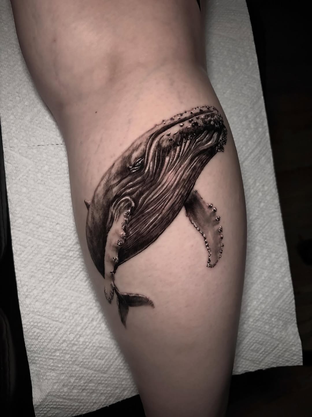 Humpback whale fine line tattoo on the thigh by Ashley Denise