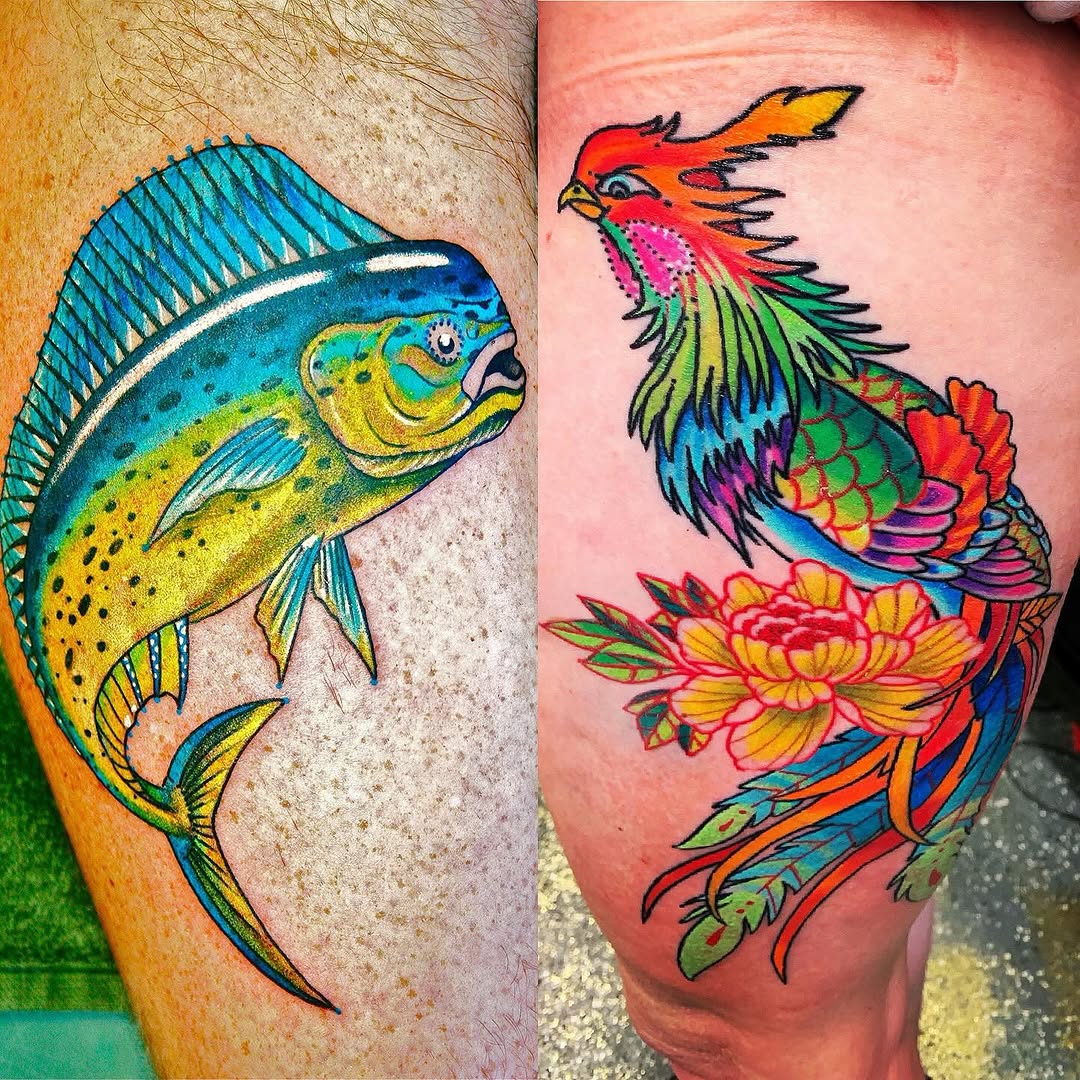 Mahi-mahi fish and phoenix with flowers watercolor tattoo on the thigh by El Kapitan