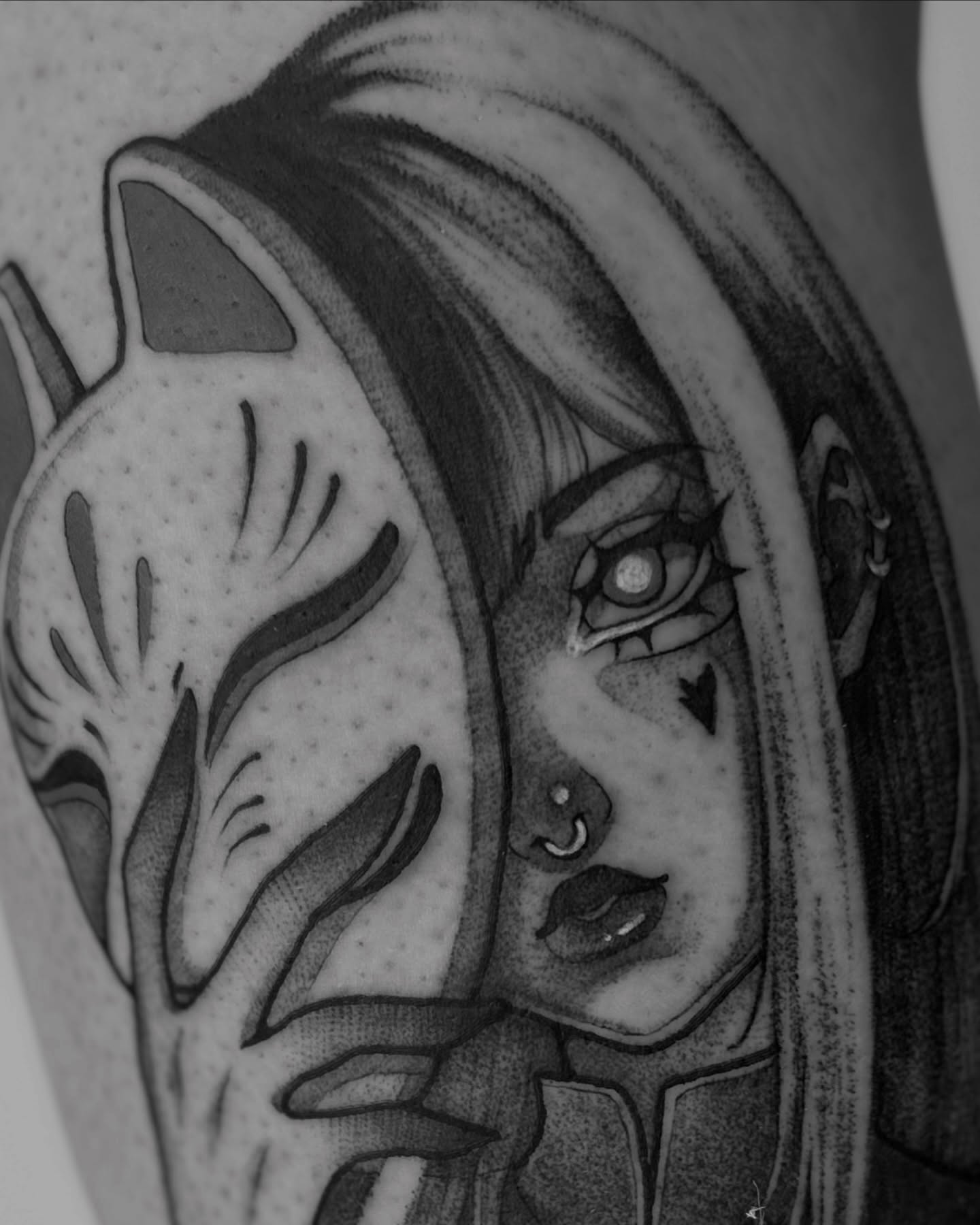 Tattoo by @lilya_tattoo — dotwork, anime