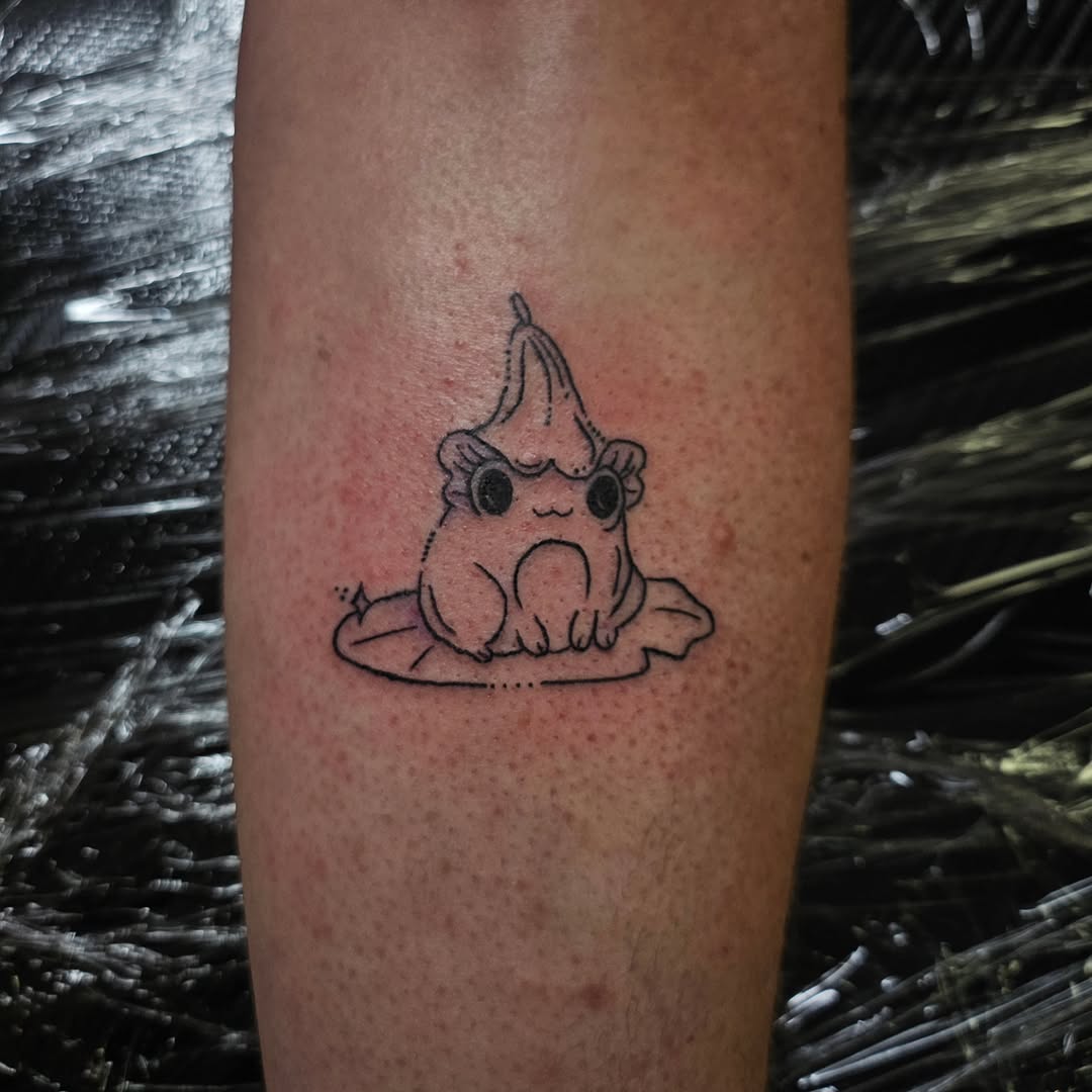 Frog wearing a hat dotwork tattoo on the forearm by ݁˖