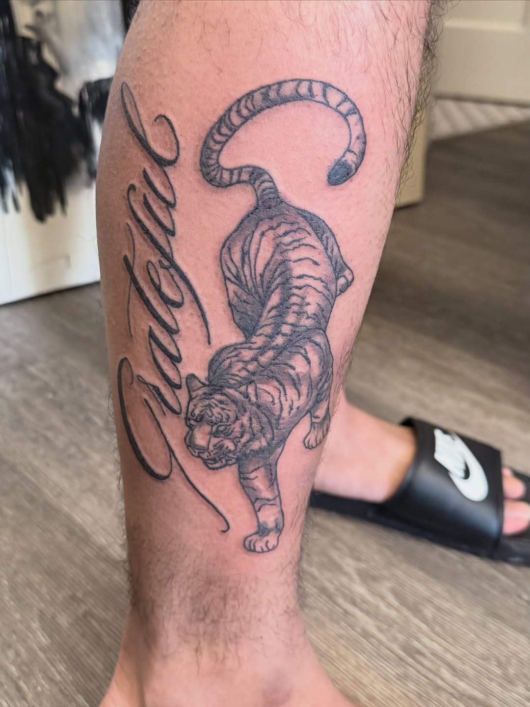 Tiger and script realism tattoo on the calf by Shine Jefferson, Memphis, Tennessee