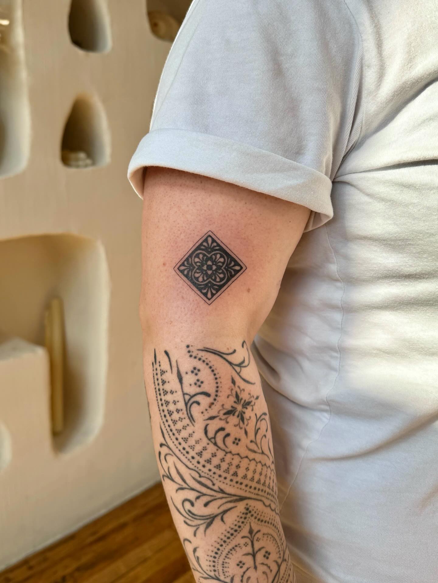 Geometric pattern geometric tattoo on the forearm by Shilo Gold 🍒