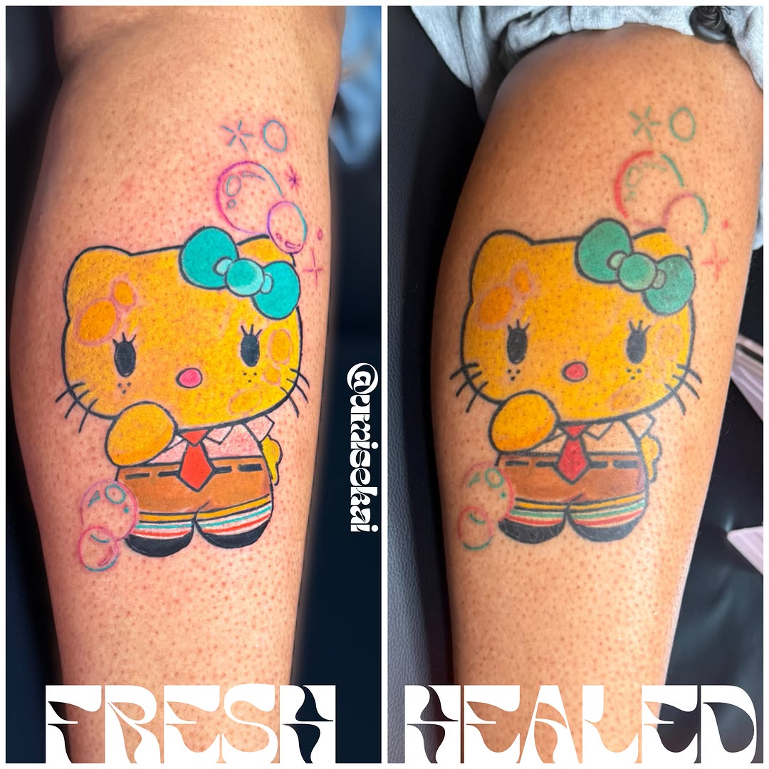 Hello Kitty dotwork tattoo on the thigh by UMI πΈ