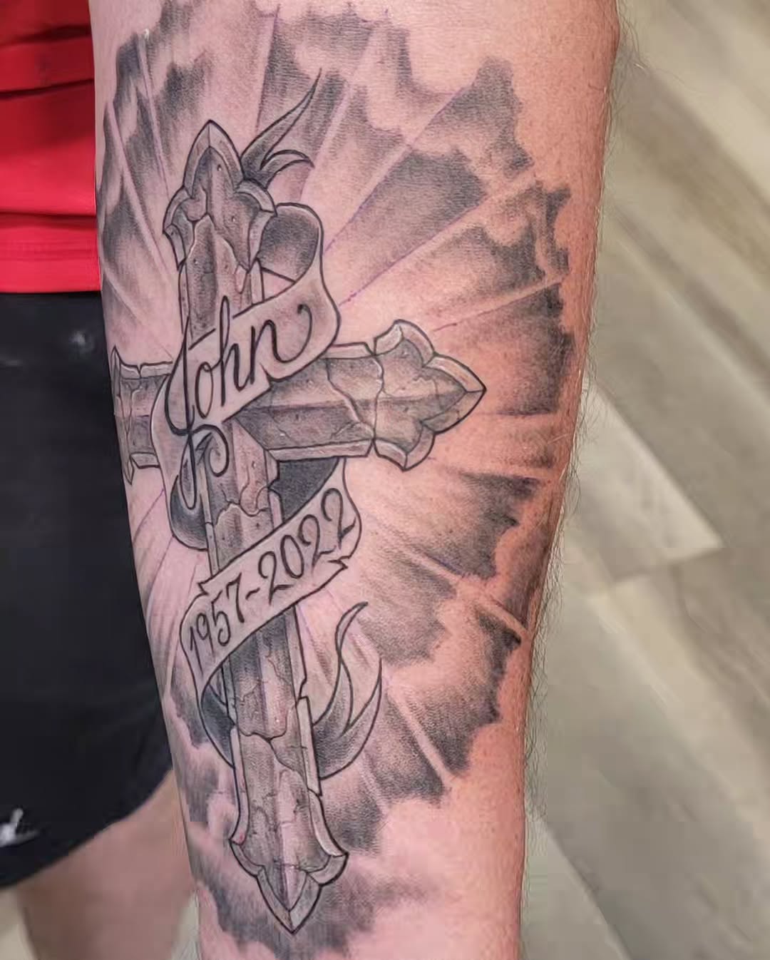 Tattoo by @sharptattoos — black_and_grey, lettering_script
